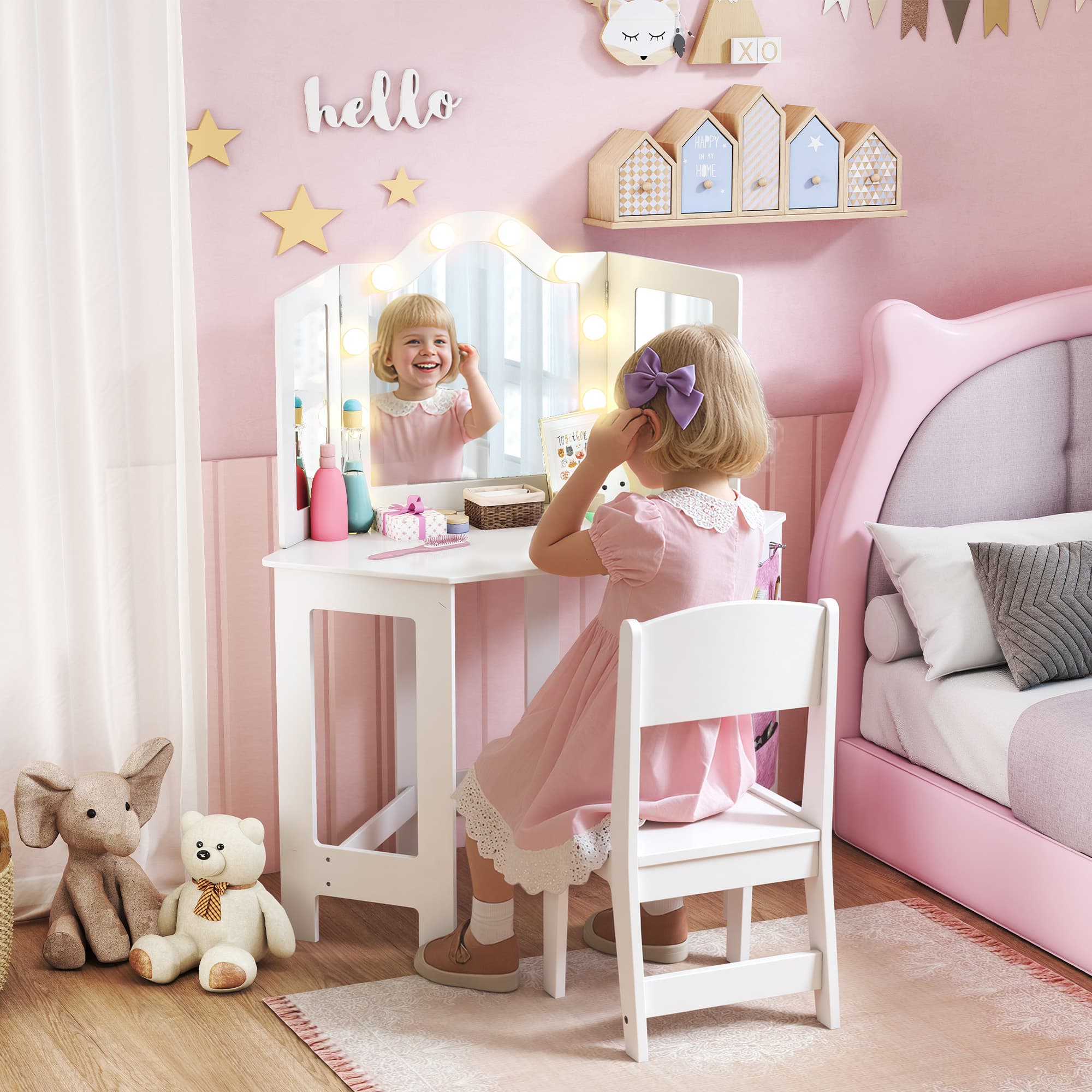 White Kids Vanity Table Set With LED Bulbs and Tri-Fold Mirror - image 3