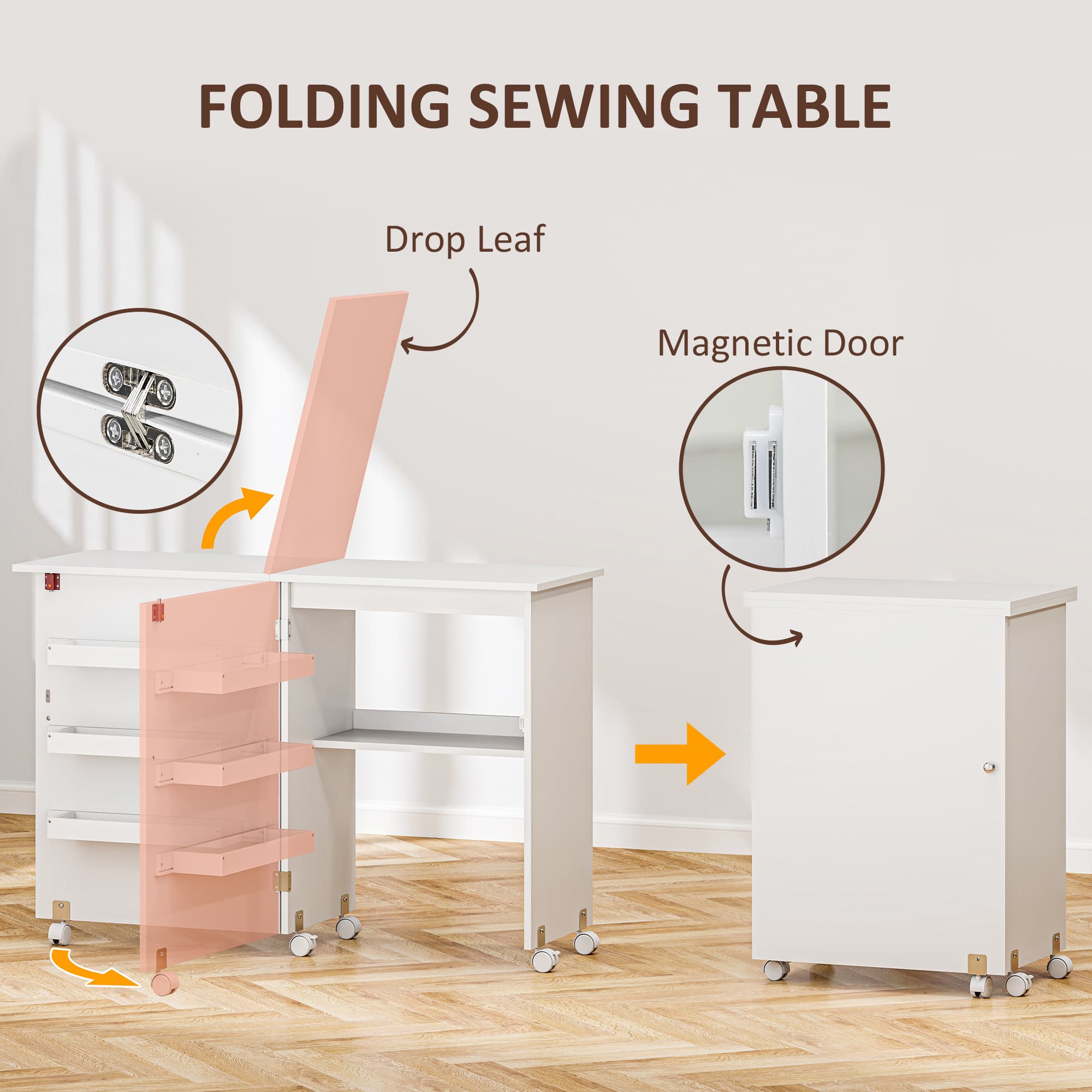Folding Craft and Sewing Table with Drop Leaf and Wheels - image 5