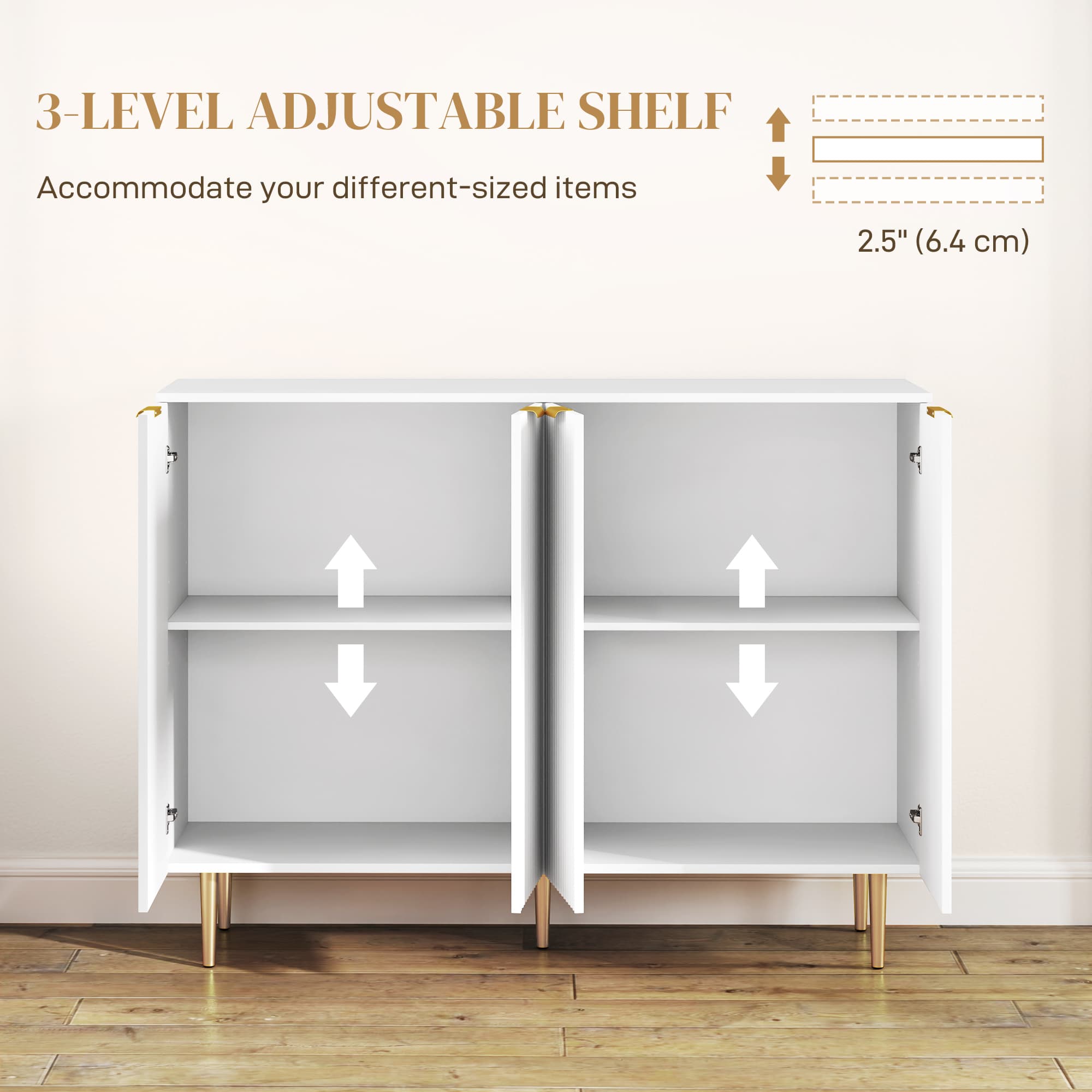 Ribbed 4-Door Sideboard with Gold Legs and Adjustable Shelves - image 3