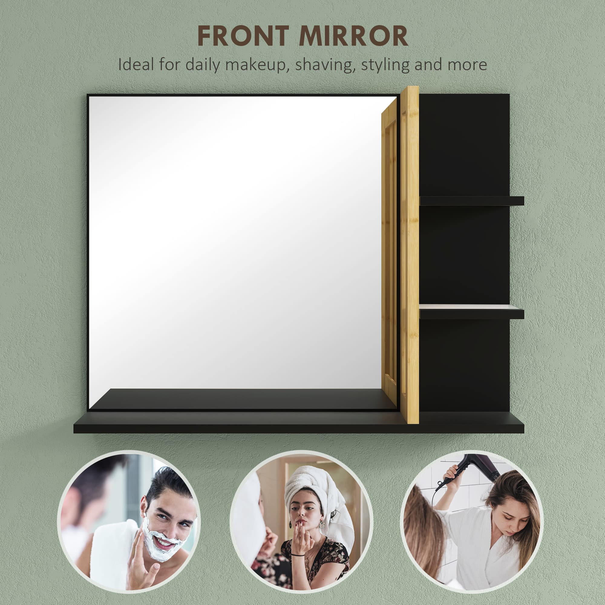 Black Bathroom Mirror with Space-Saving Bamboo Shelves - image 3