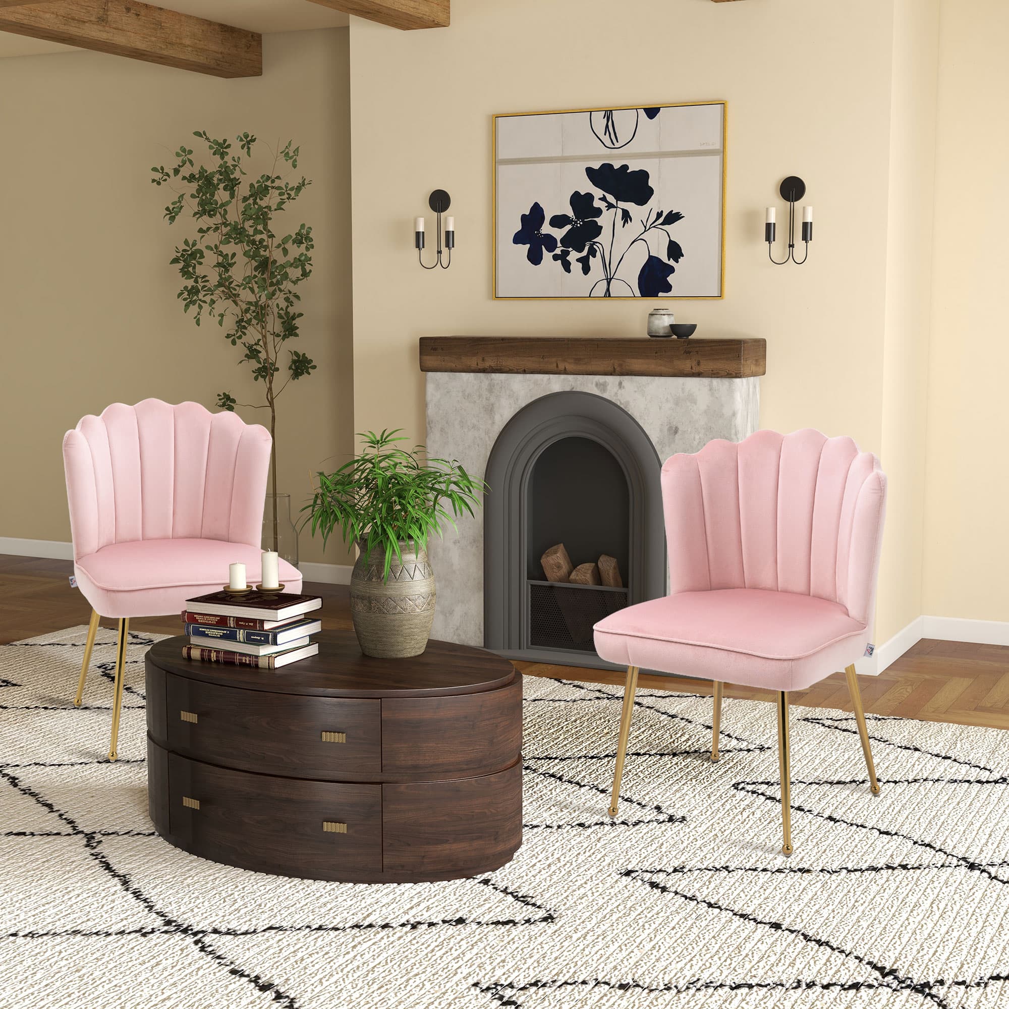 Shell Back Dining Chairs in Pink Velvet – Set of 2 with Gold Legs - image 2