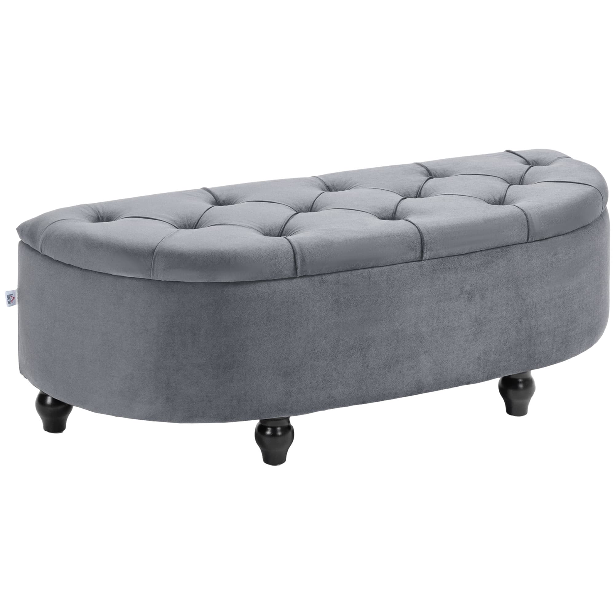 Half-Circle Storage Ottoman in Grey Velvet-Feel Fabric With Tufted Lid