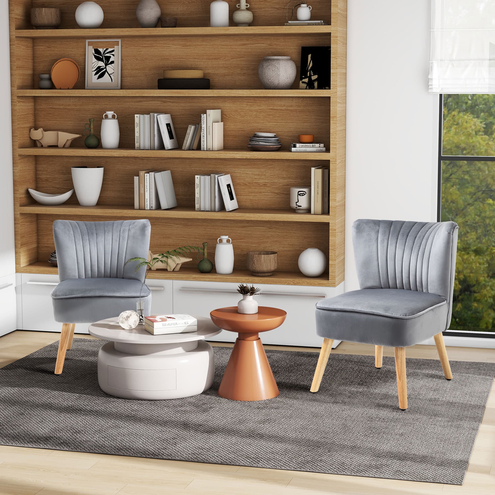 Pair of Grey Velvet Tub-Style Accent Chairs with Wooden Legs - image 4