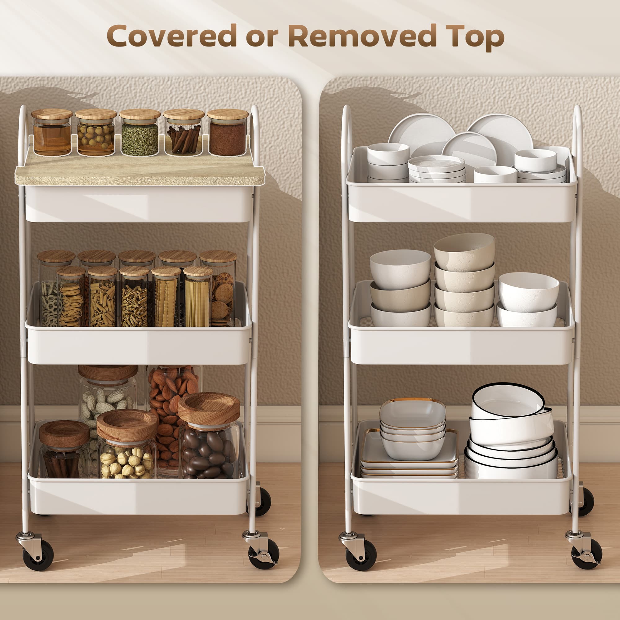 White Kitchen Trolley with Oak Top and Wire Mesh Baskets - image 3