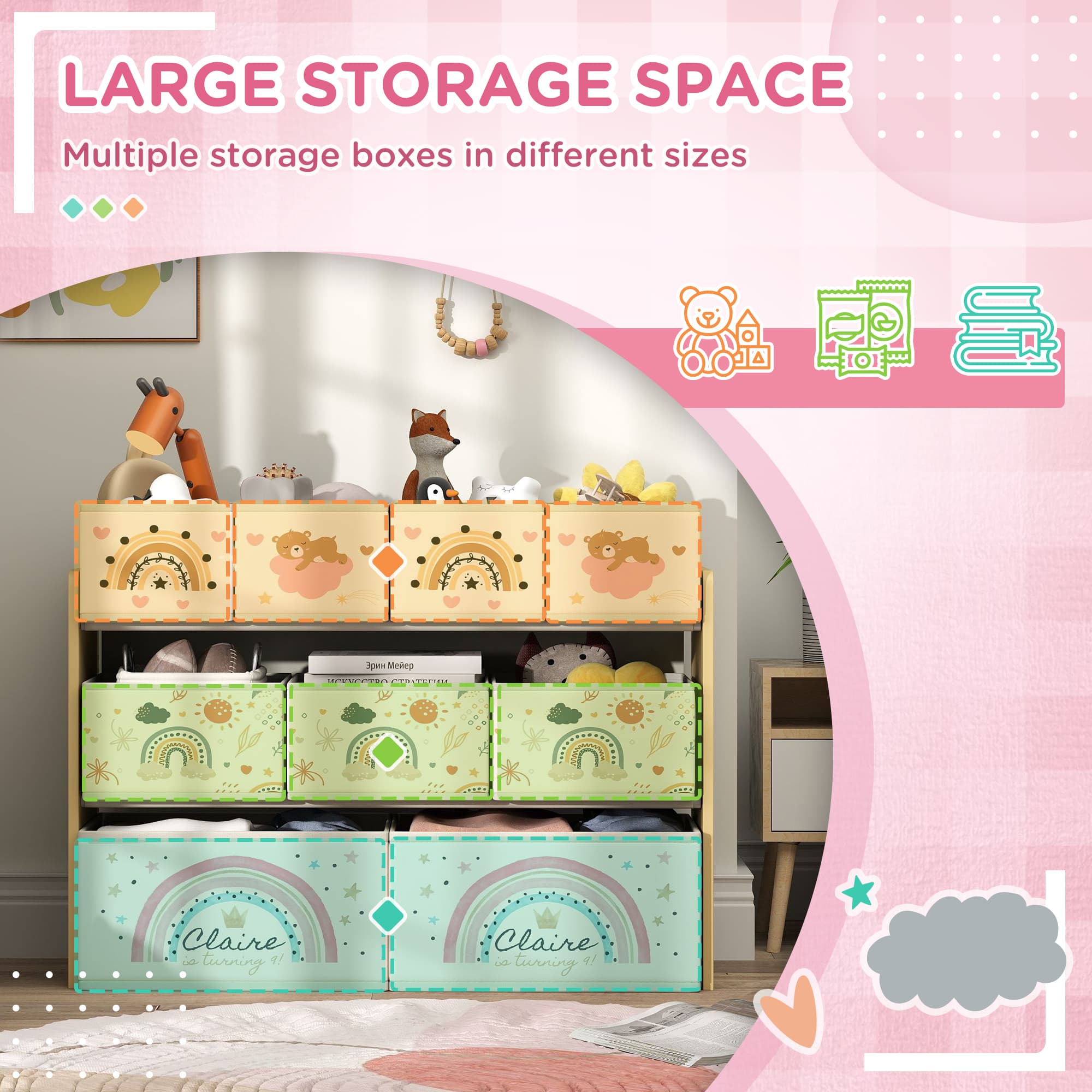 Kids 3-Tier Storage With 9 Rainbow-Print Fabric Boxes - image 1