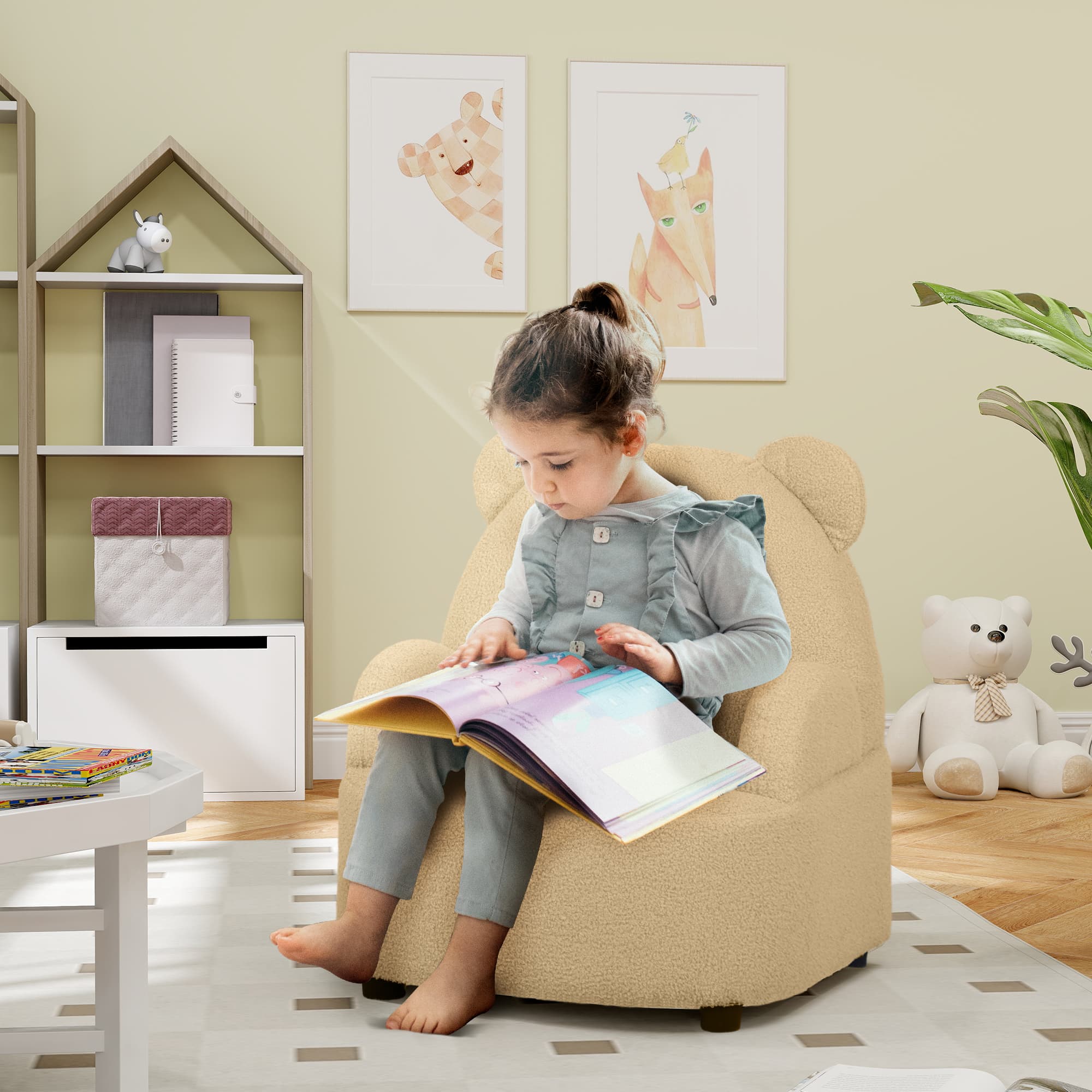 Khaki Bear-Shaped Toddler Chair with Soft Bouclé Fabric - image 2