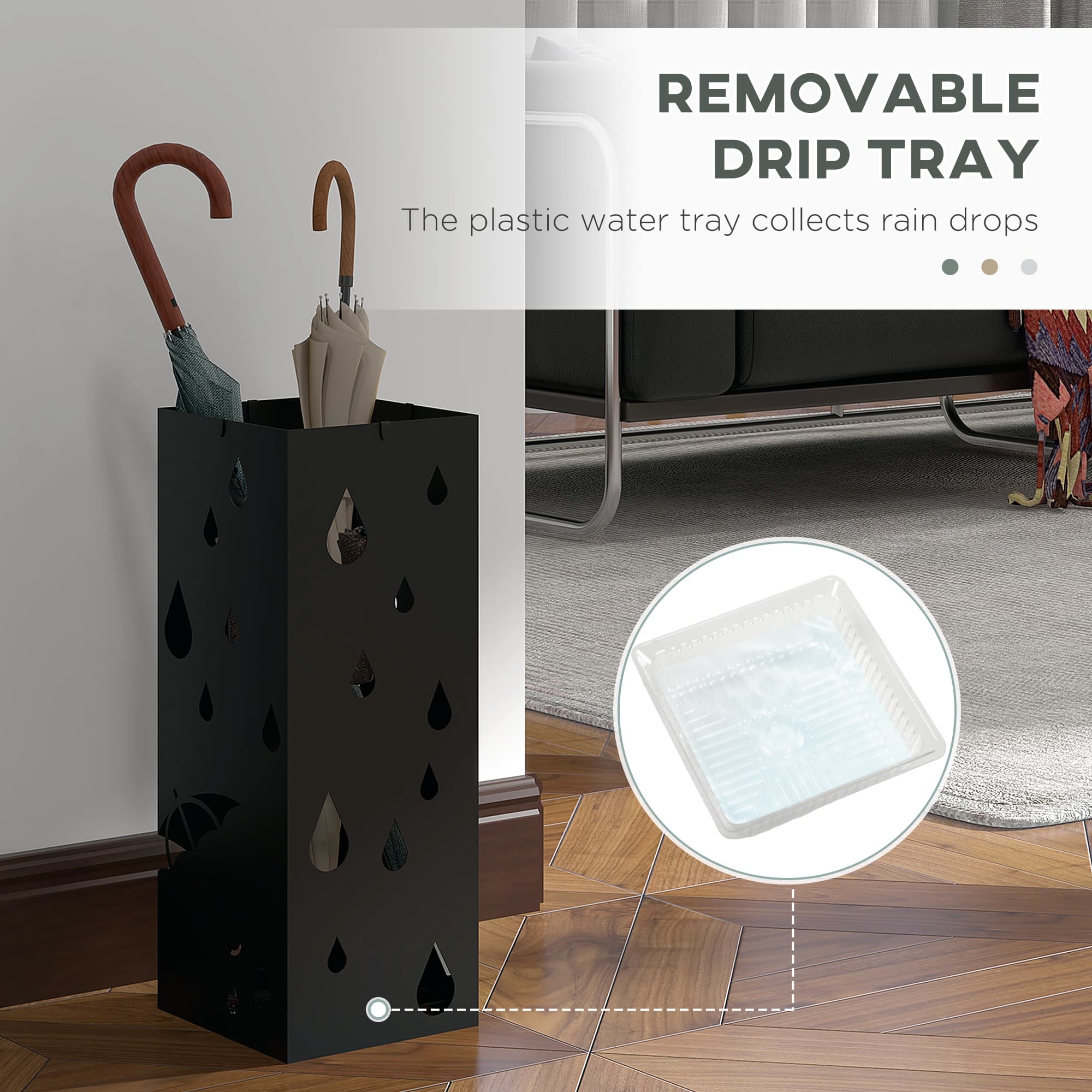 Black Steel Umbrella Stand with 4 Hooks and Removable Drip Tray - image 2