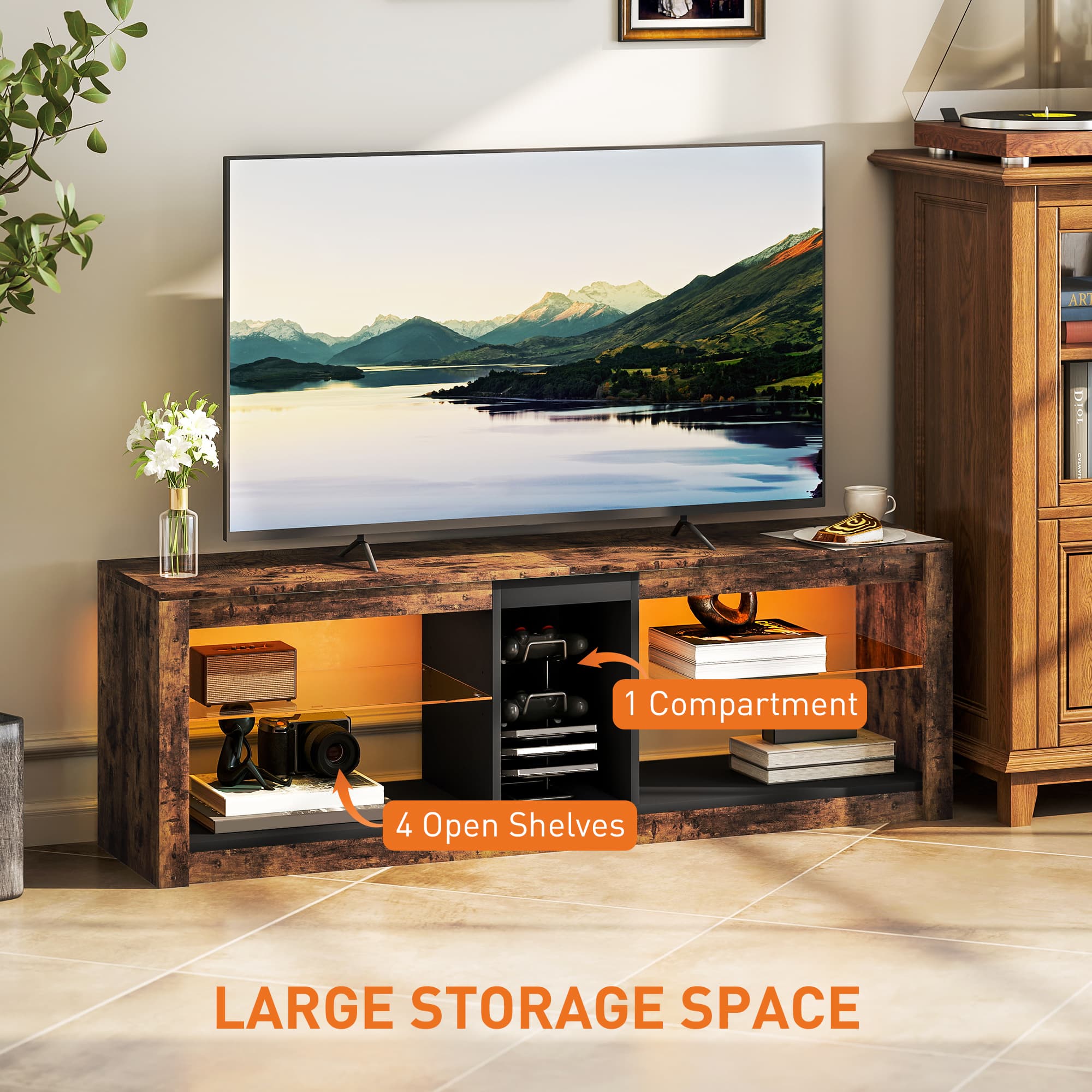 Rustic TV Cabinet with LED Lights and Open Shelving - image 1
