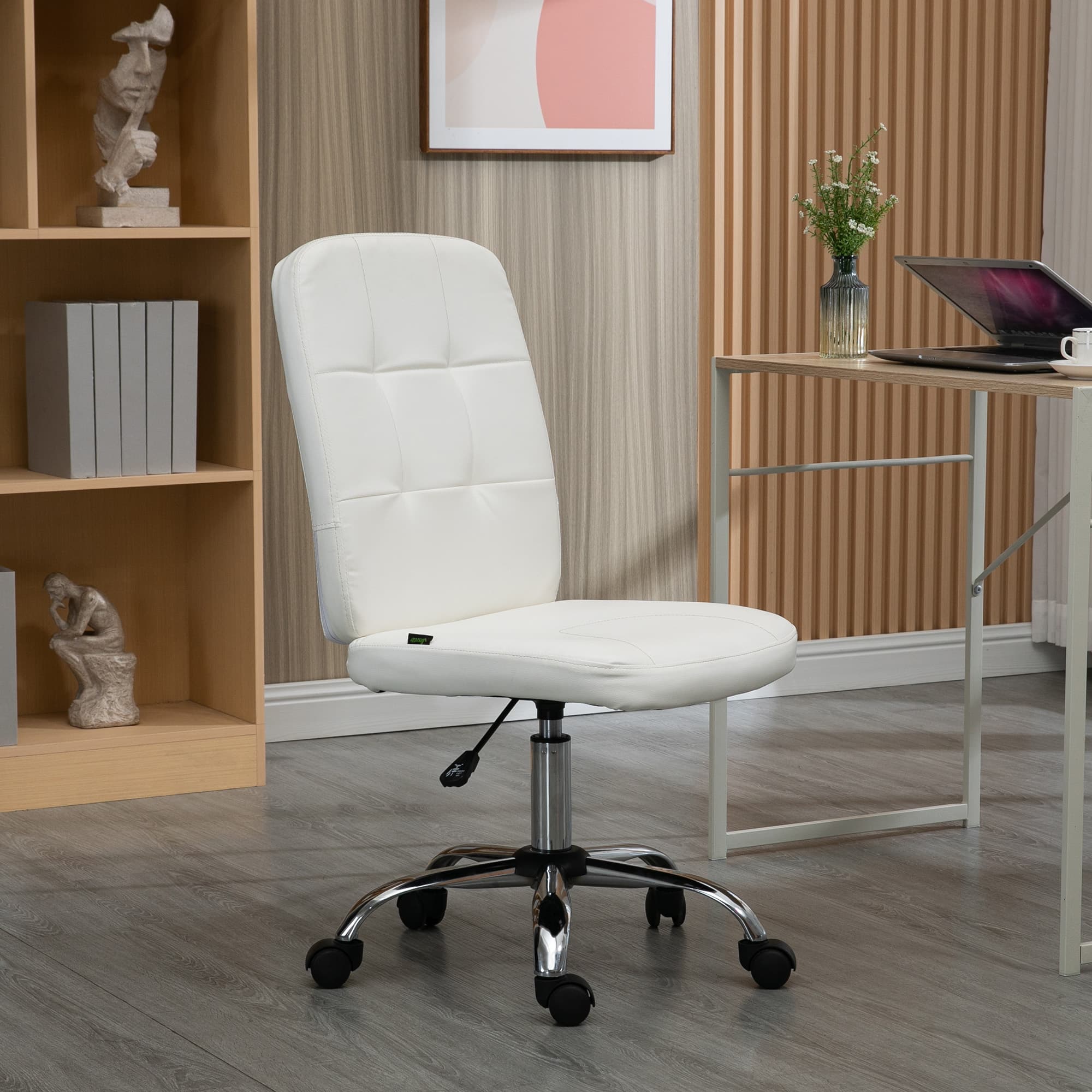 Cream Faux Leather Armless Office Chair with Gas Lift - image 9