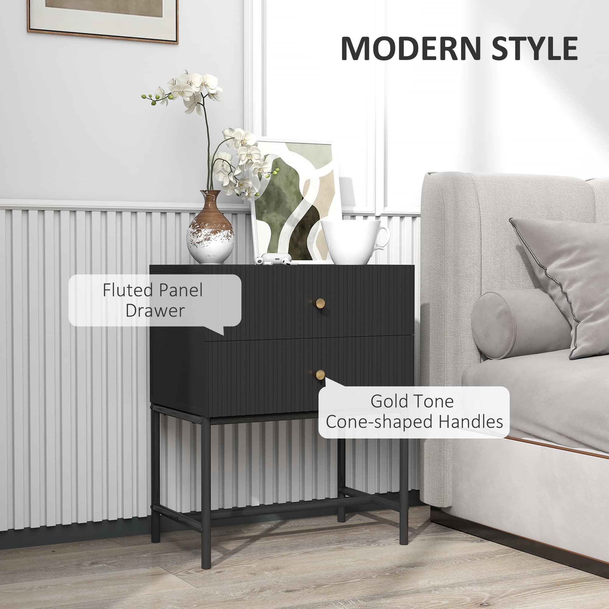 Elegant Black Two-Drawer Bedside Table with Gold Accents - image 4