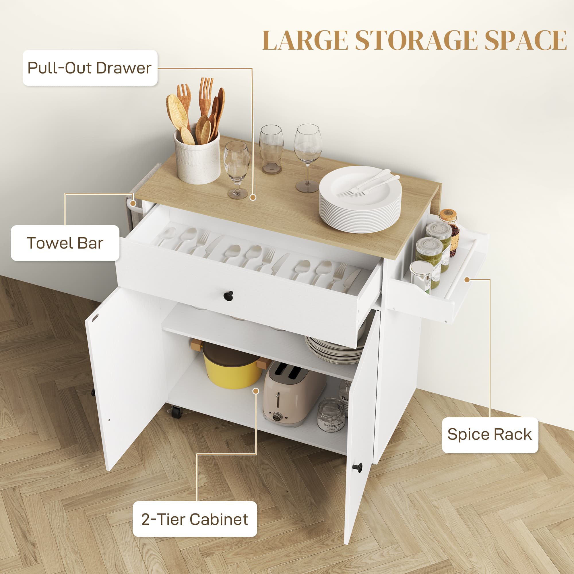 Kitchen Island on Wheels with Drawer, Cabinet and Side Rack - image 2