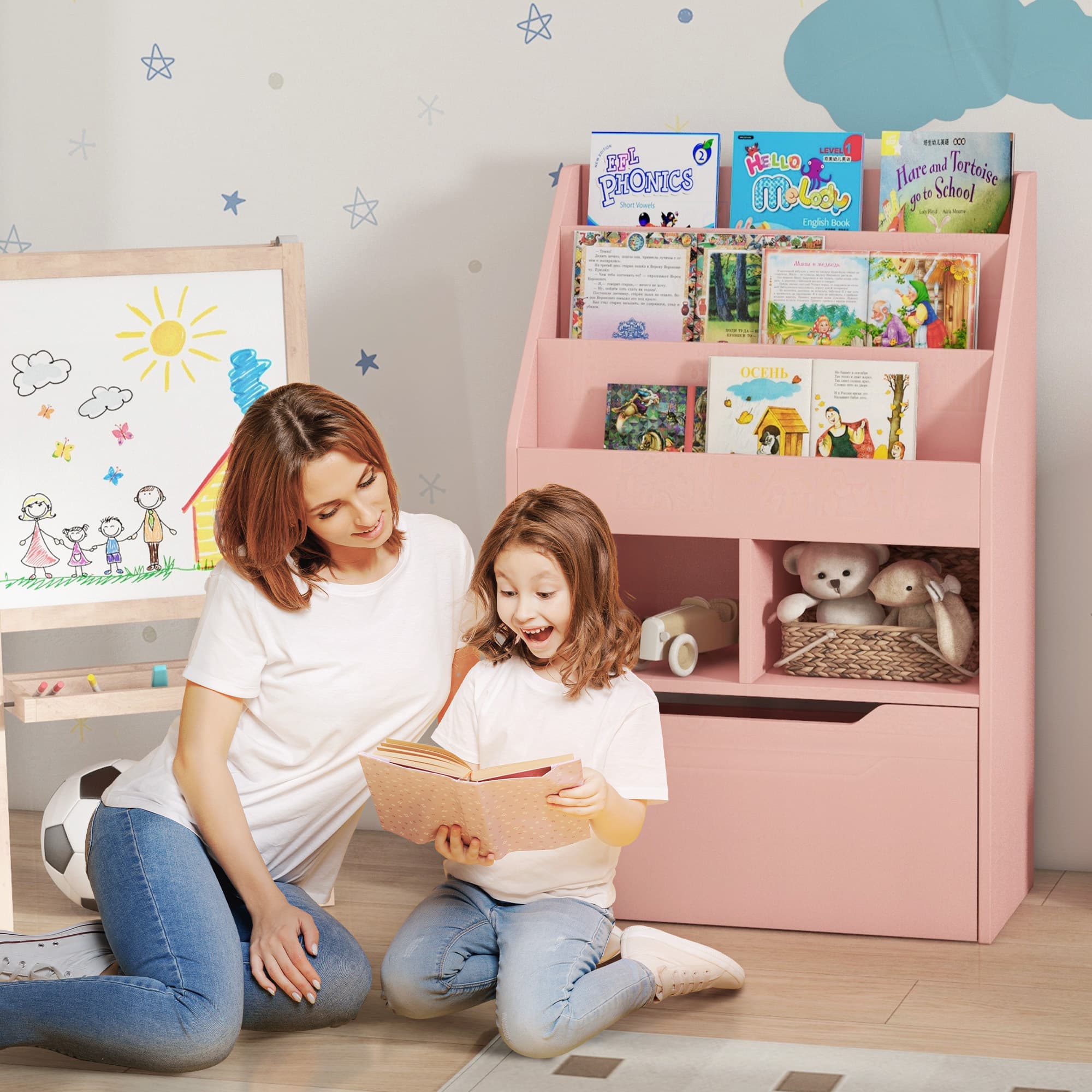Pink Kids Bookshelf with Toy Organiser and Storage Drawer - image 1