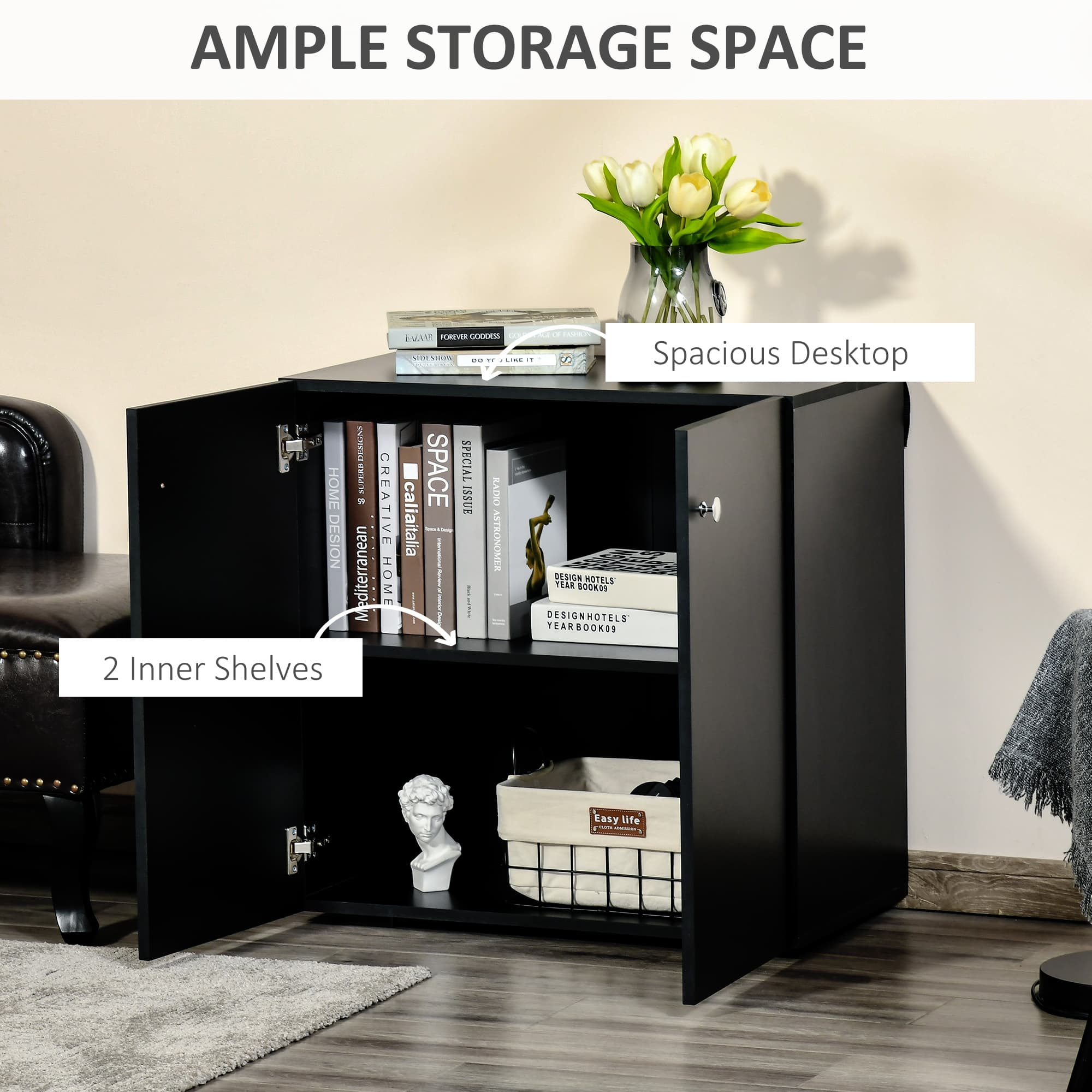 Modern Black Freestanding 2-Tier Storage Cabinet - image 4