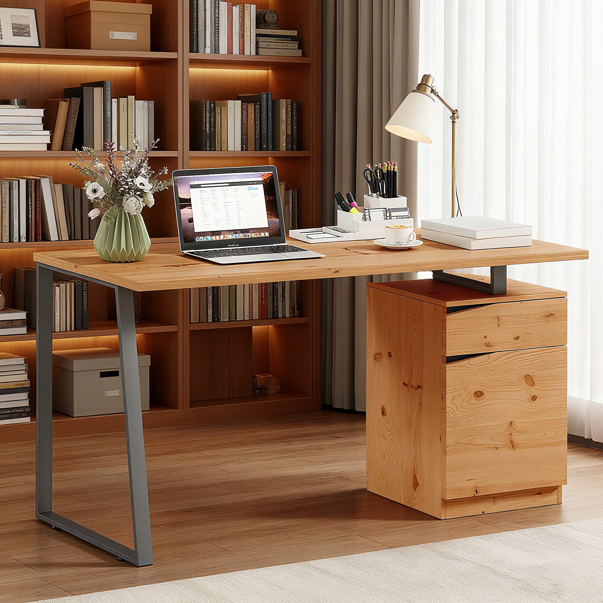 Industrial Natural Wood Computer Desk with Storage Cabinet - image 1