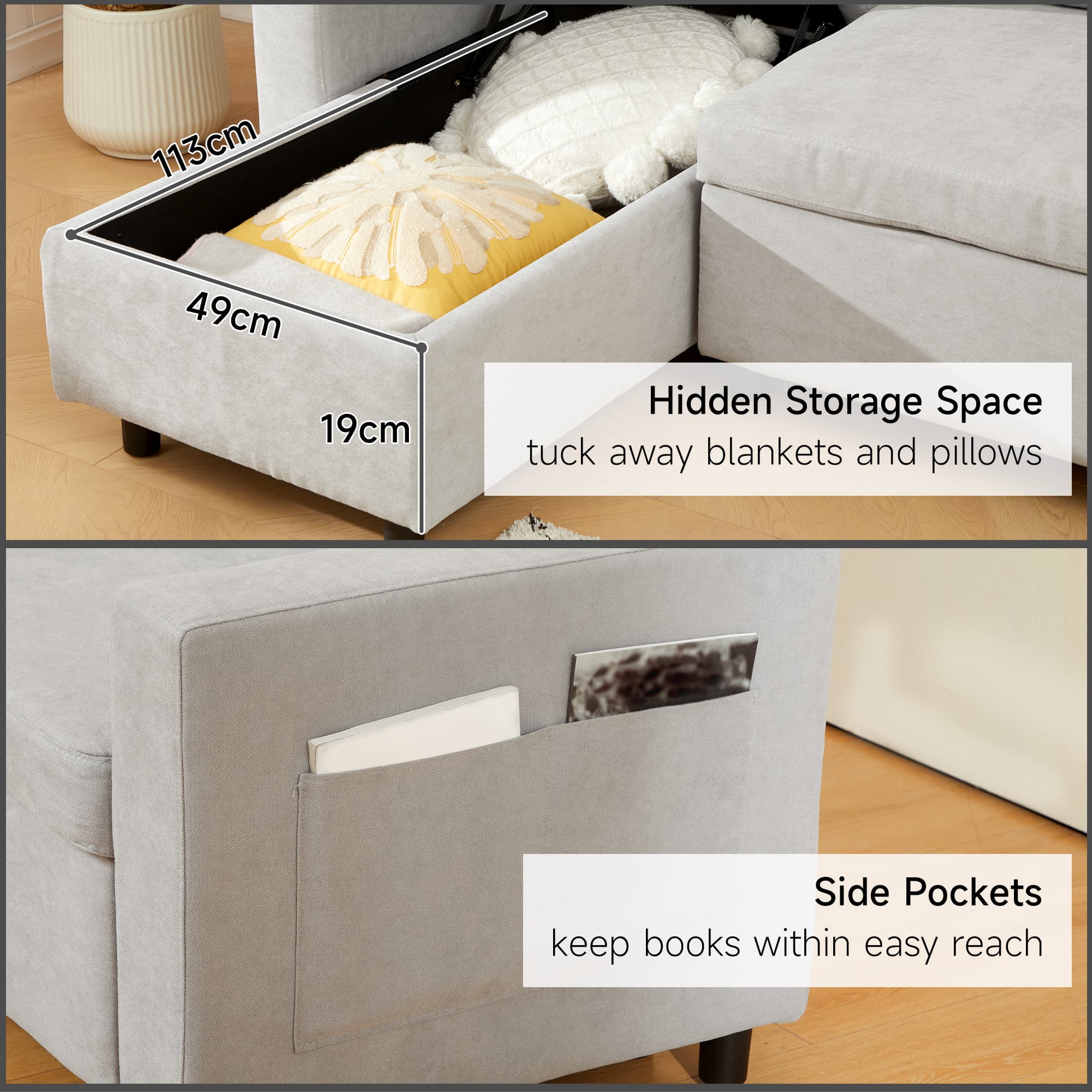 Light Grey Pull-Out Corner Sofa Bed with Chaise Storage - image 1