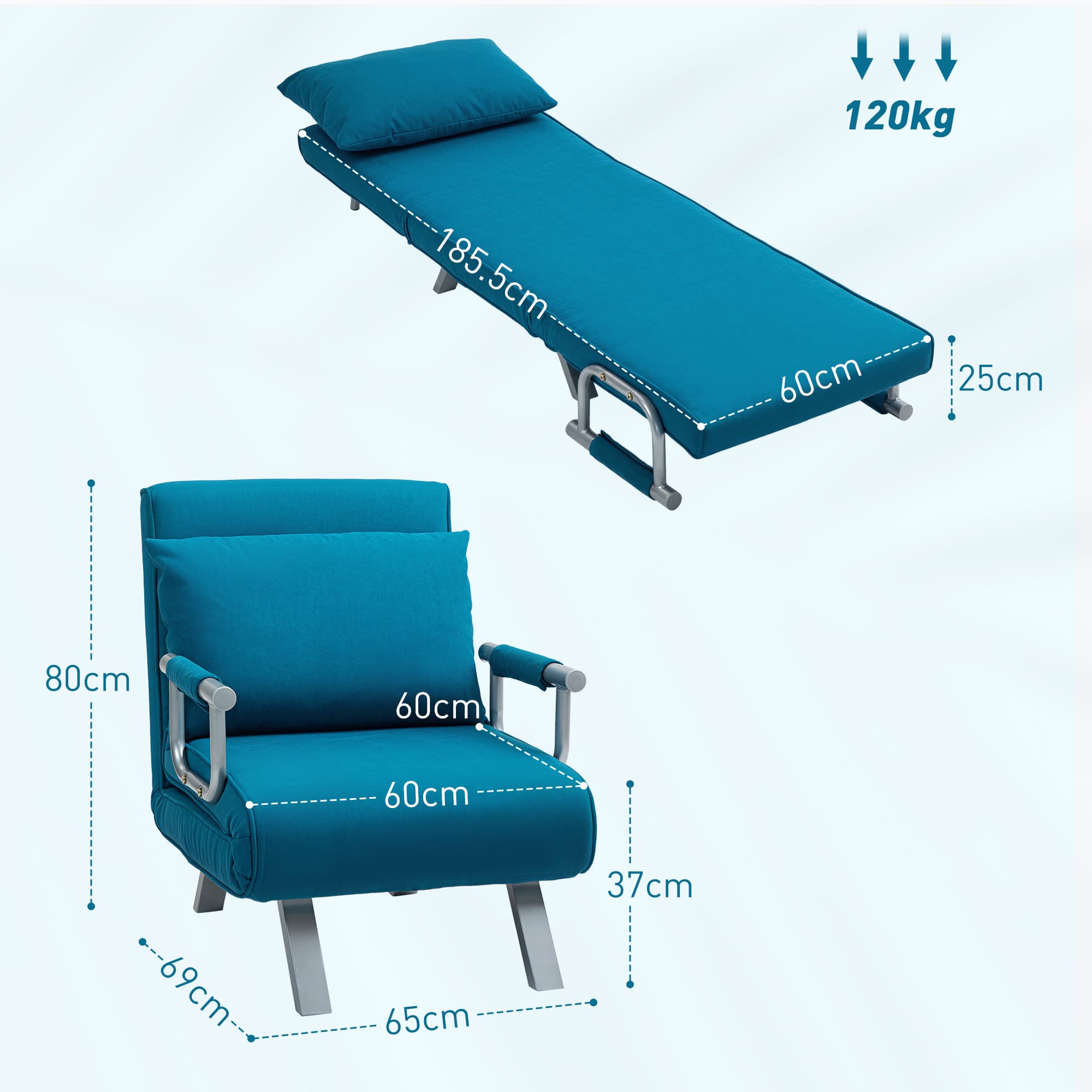 Teal Blue 4-in-1 Folding Chair Bed with Silver Frame - image 1