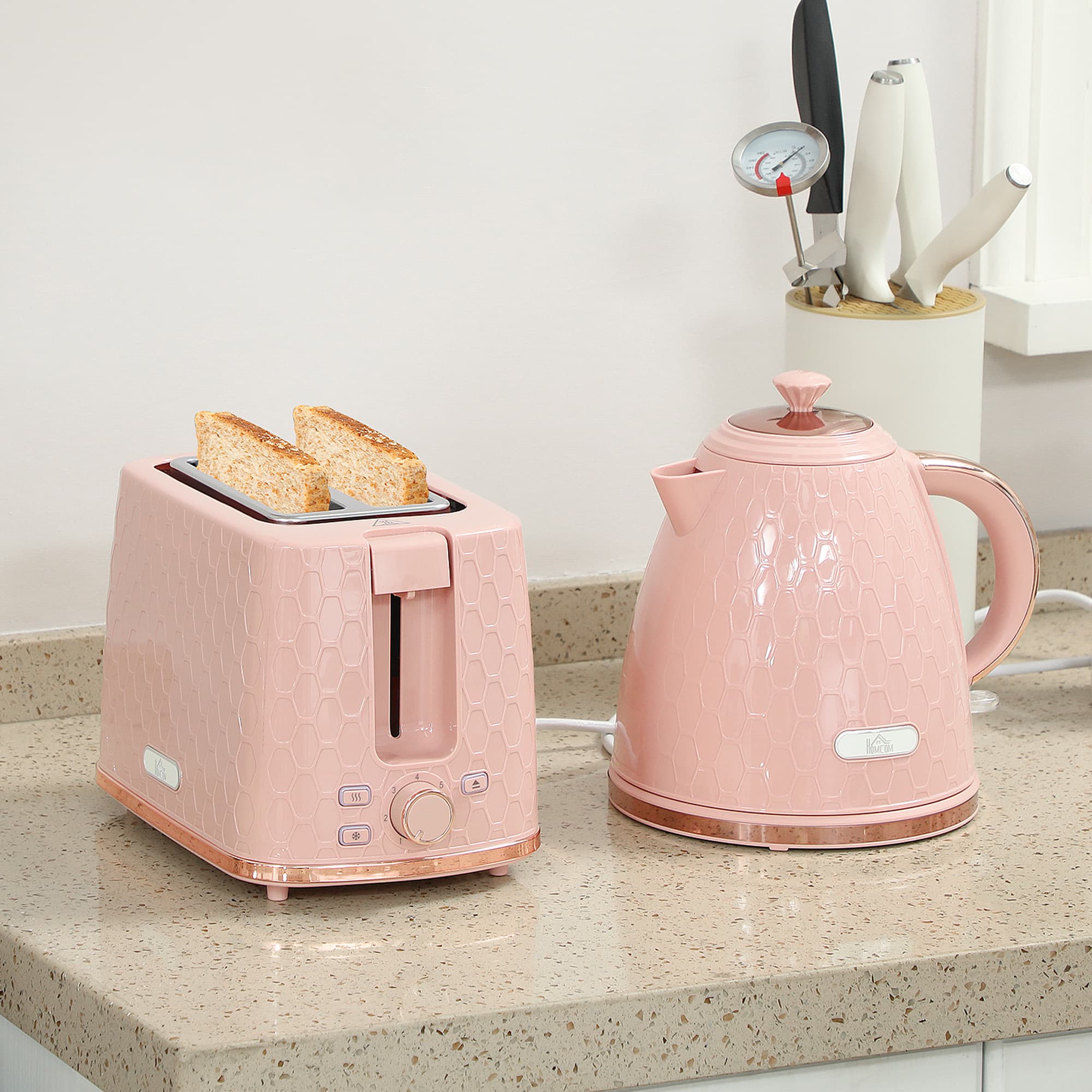 A matching blush pink kitchen duo with a honeycomb finish - image 5