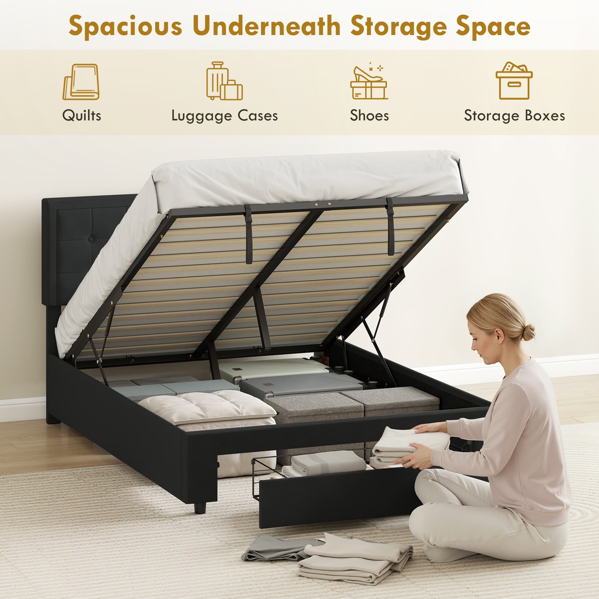 Effortless Storage: Black Velvet Double Ottoman Bed Frame - image 4