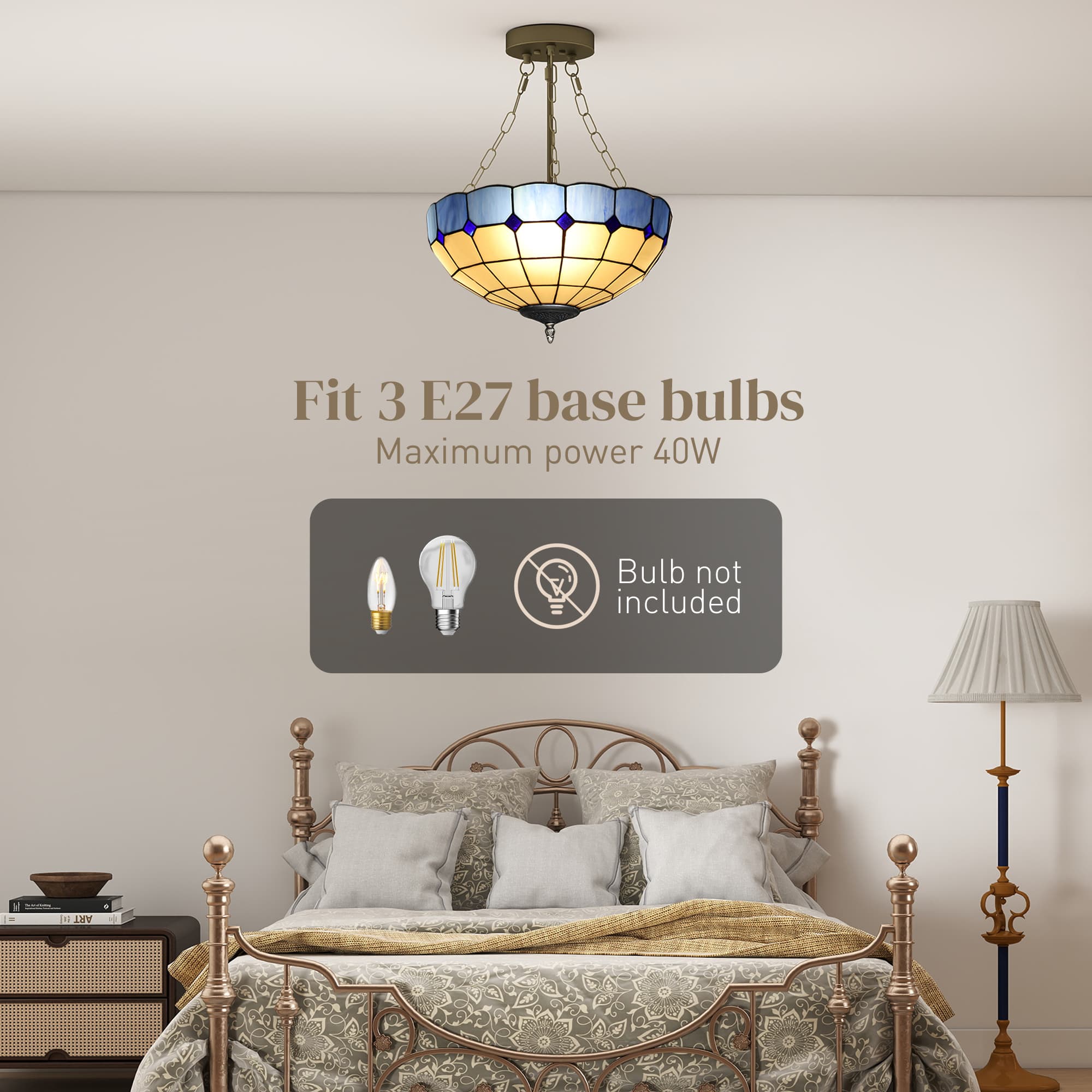 Blue Tiffany Pendant Light – Stained Glass Shade and Brass Chain - image 3