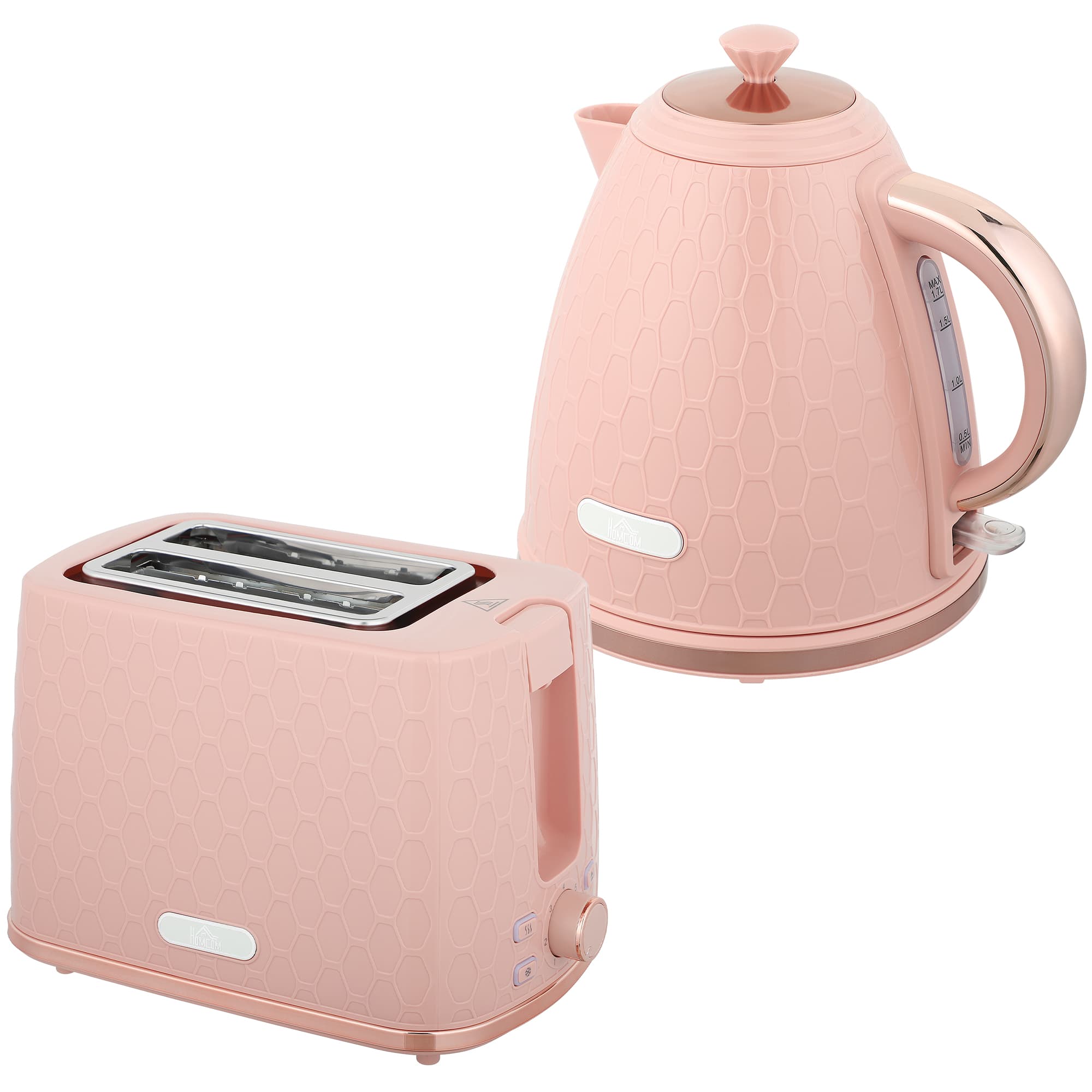 A matching blush pink kitchen duo with a honeycomb finish