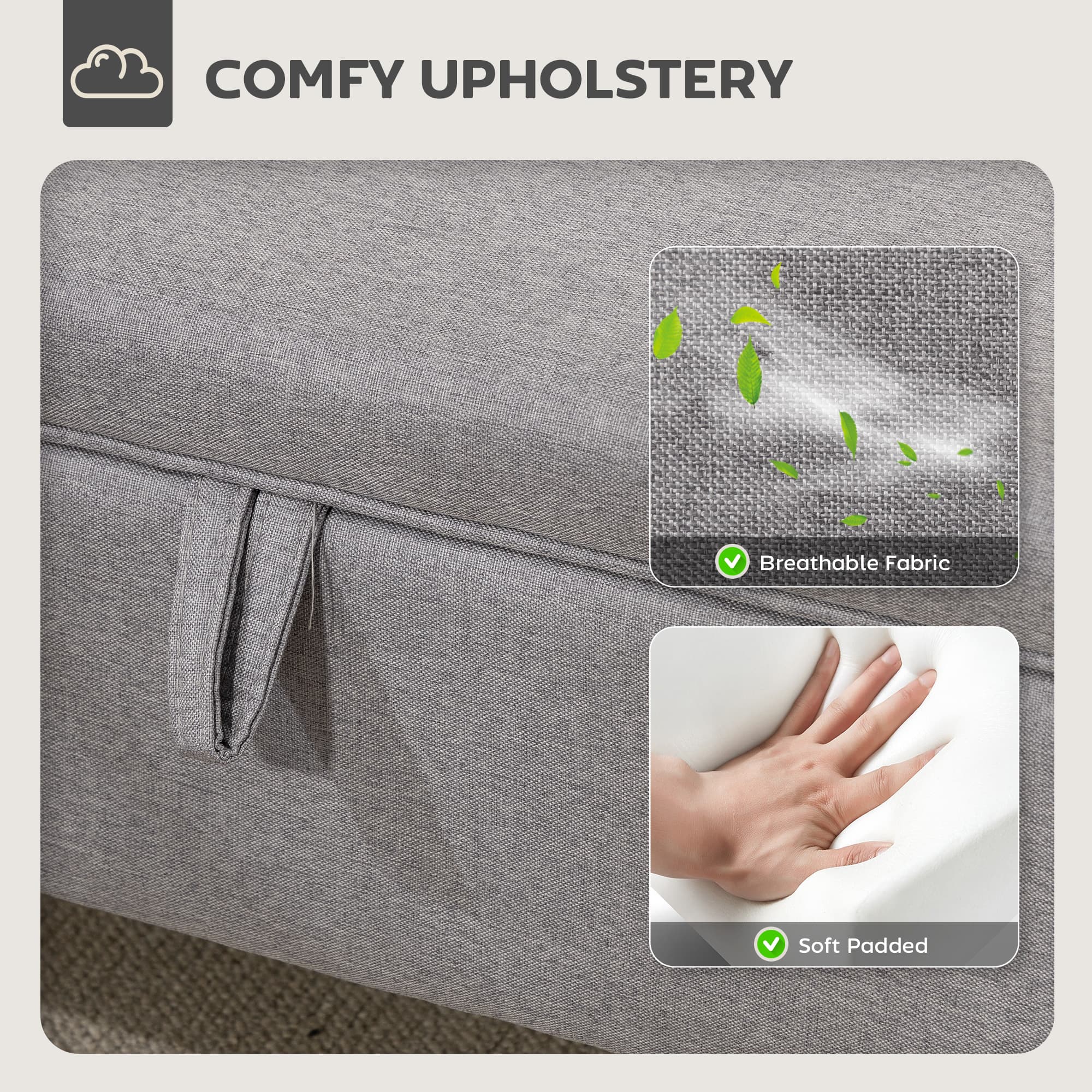 Light Grey Storage Ottoman with Foam-Padded Lid and Solid Wood Legs - image 5