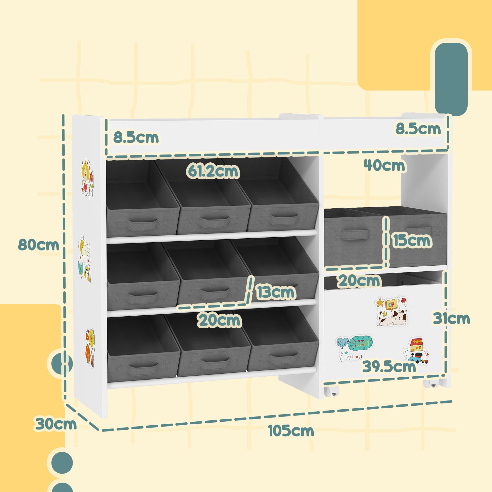 White Toy Storage Unit — 11 Fabric Bins, Top Shelves and Cabinet - image 3