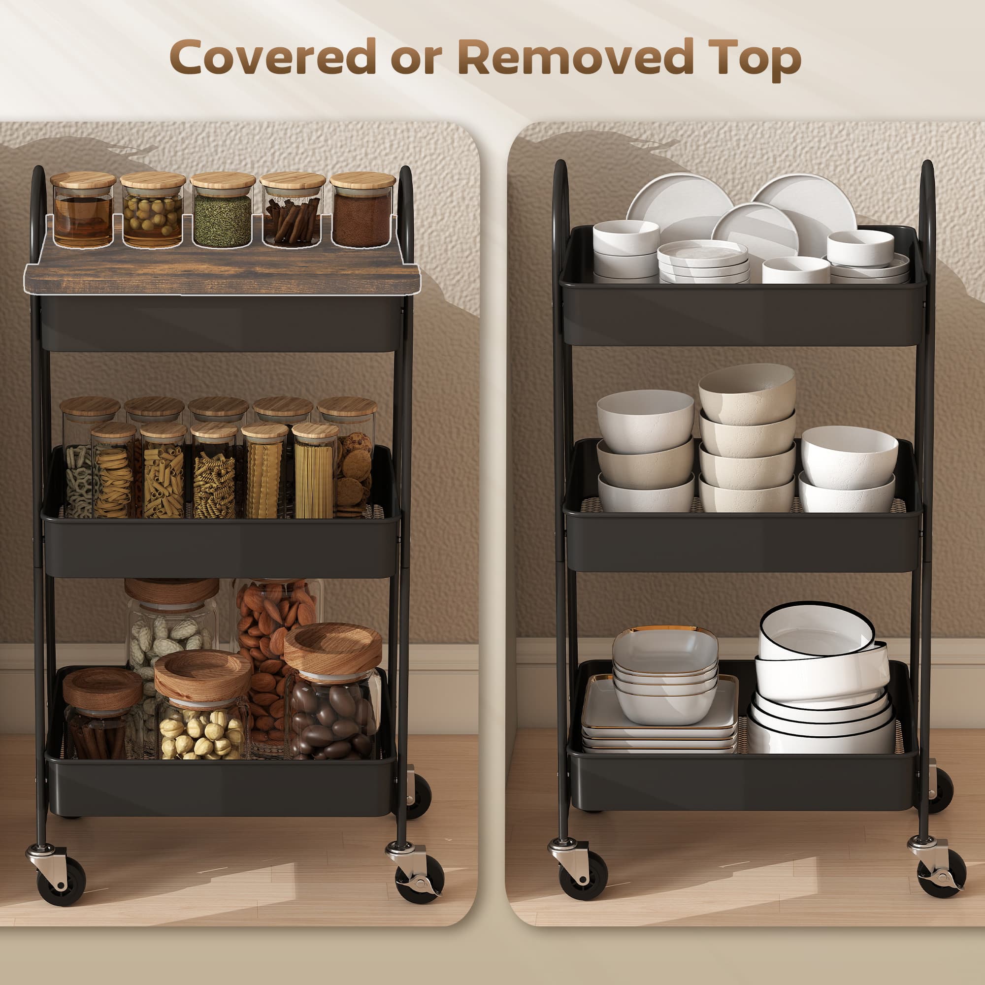 3-Tier Rustic Brown and Black Kitchen Storage Trolley - image 7