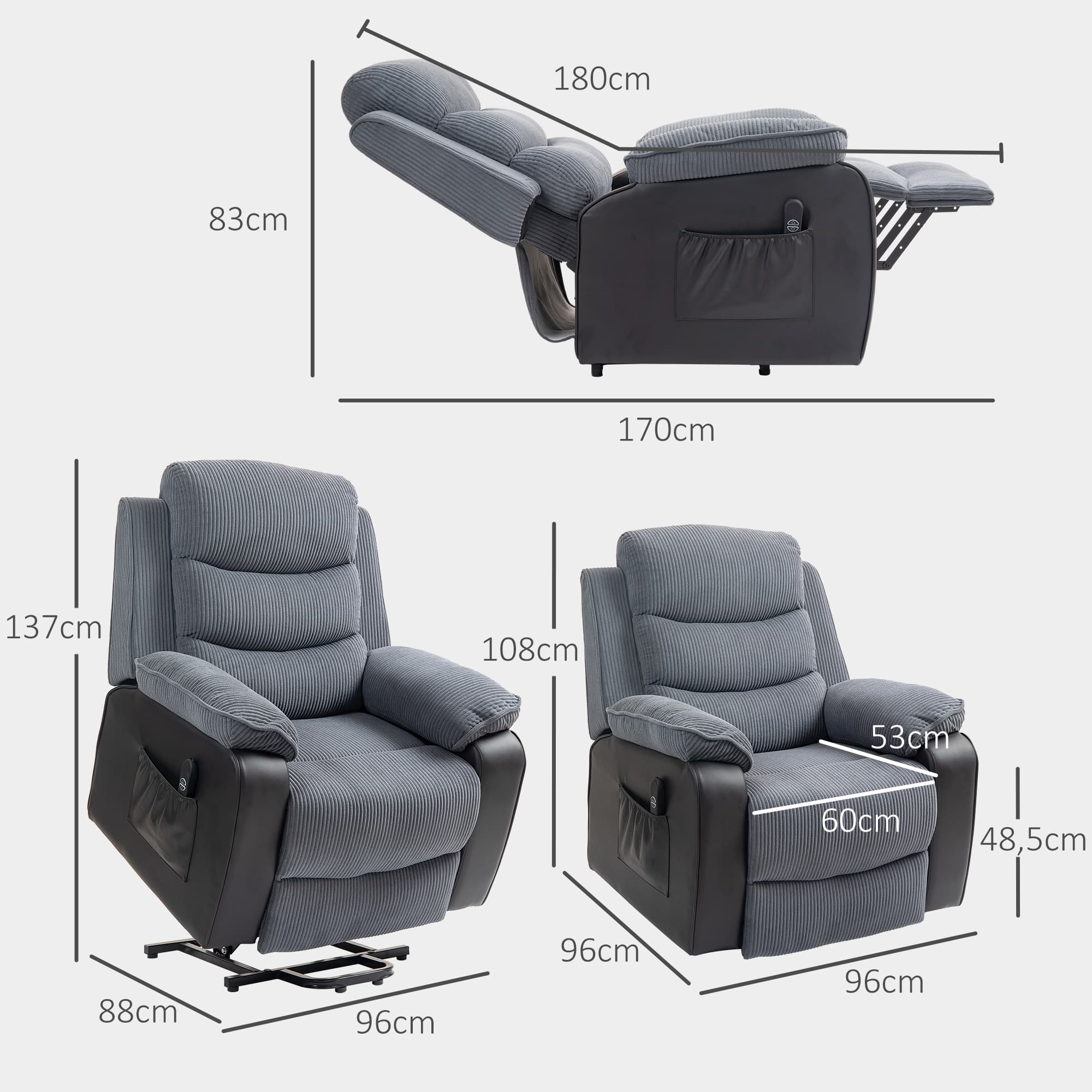 Effortless Dark Grey Corduroy Electric Lift Recliner Chair - image 4