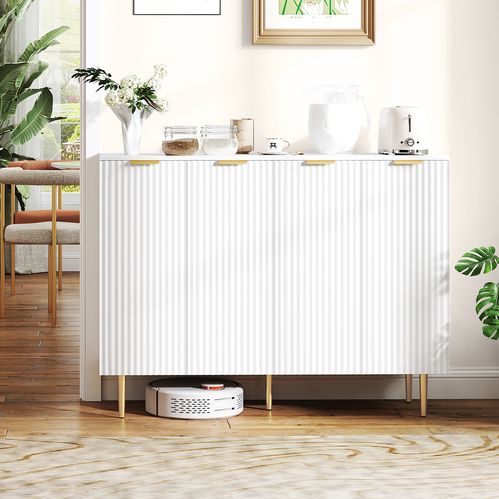 Ribbed 4-Door Sideboard with Gold Legs and Adjustable Shelves - image 1