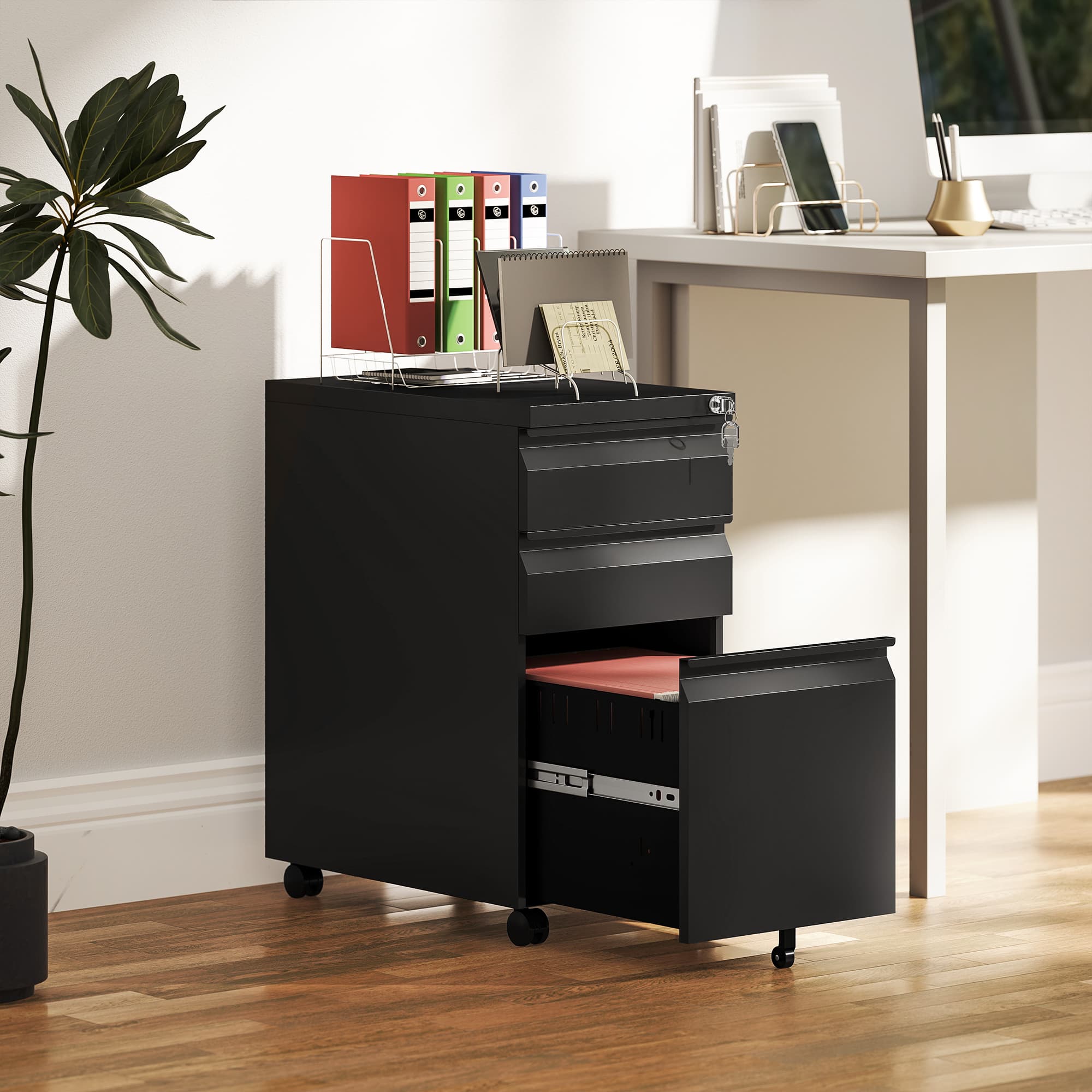 Lockable 3-Drawer Steel Filing Cabinet on Castors – Black - image 1