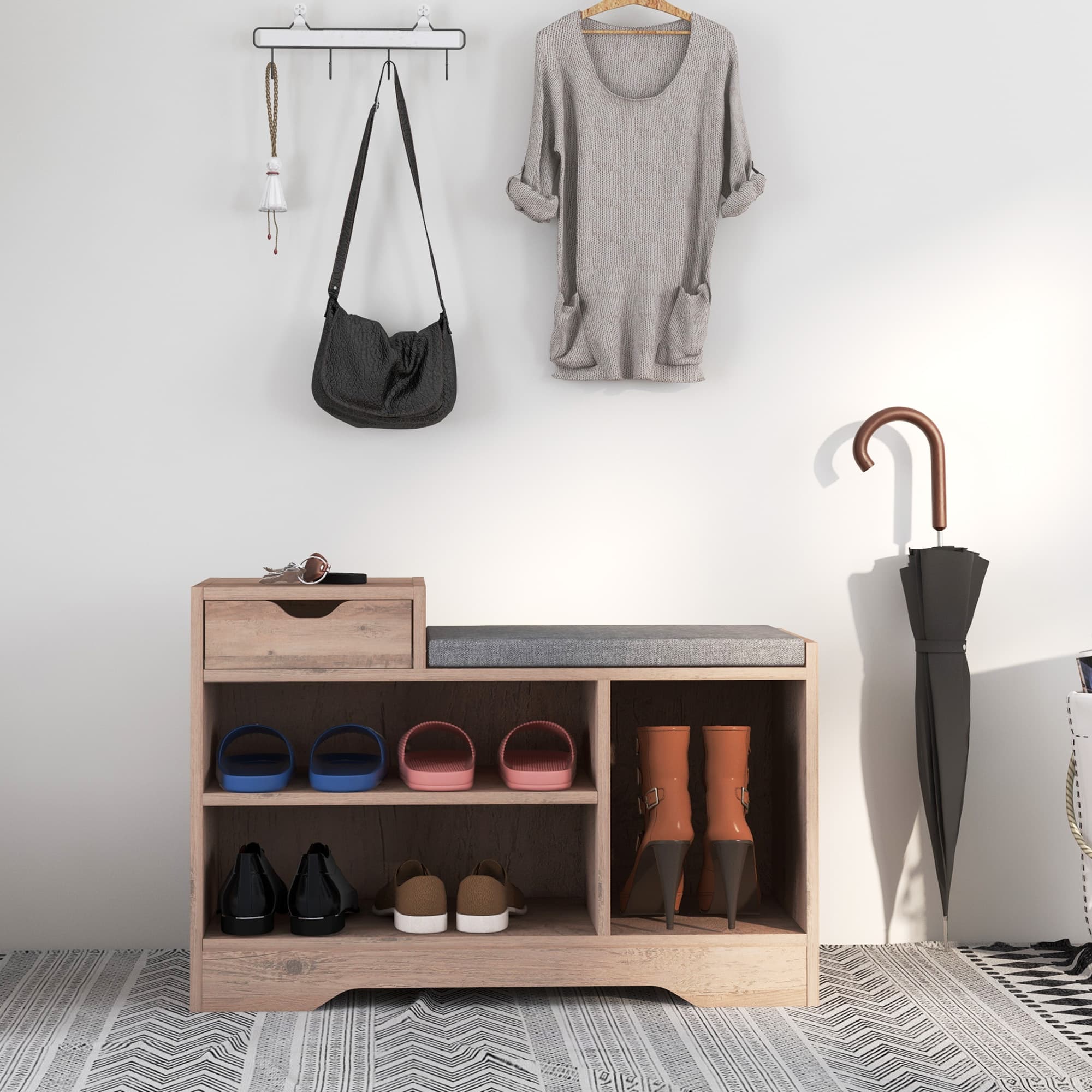 Shoe Bench With Padded Seat, Open Shelves and Pull-Out Drawer - image 3
