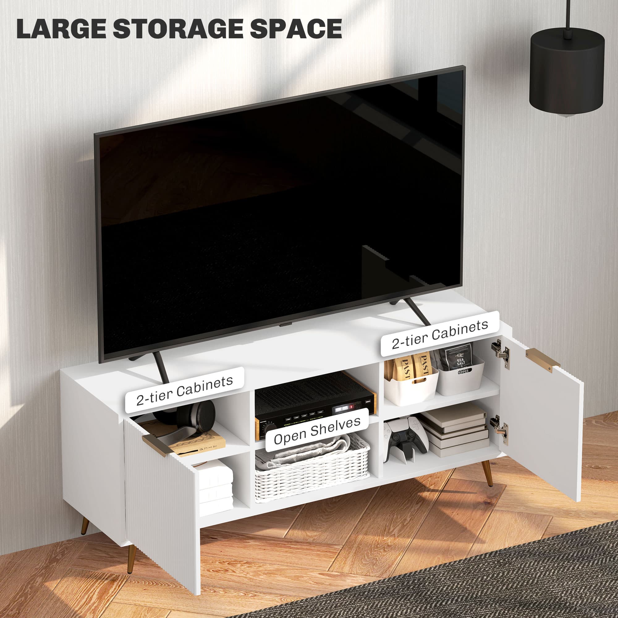 White TV Stand with Fluted Doors and Brass Tapered Legs - image 1