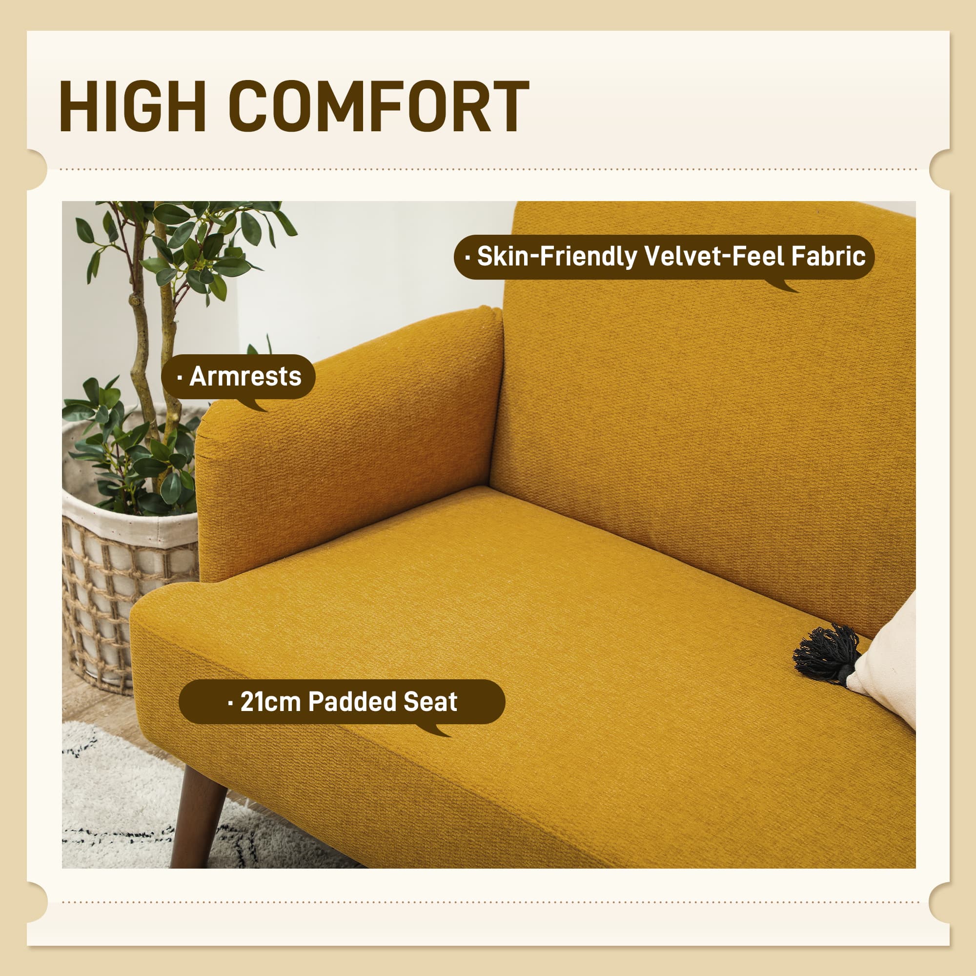 A compact mustard sofa with mid-century legs and generous cushioning - image 5