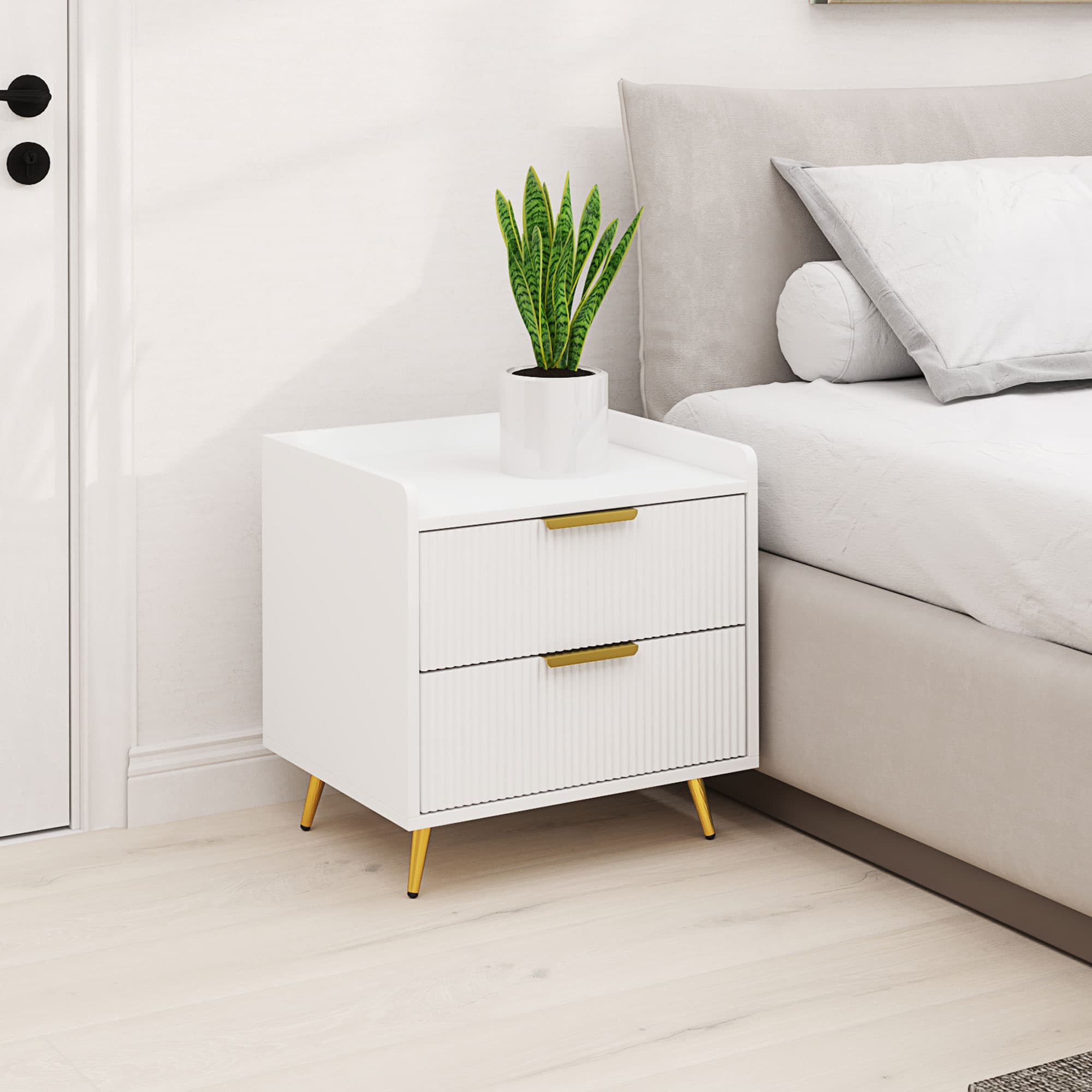 Elegant White Two-Drawer Bedside Table with Gold Handles - image 5