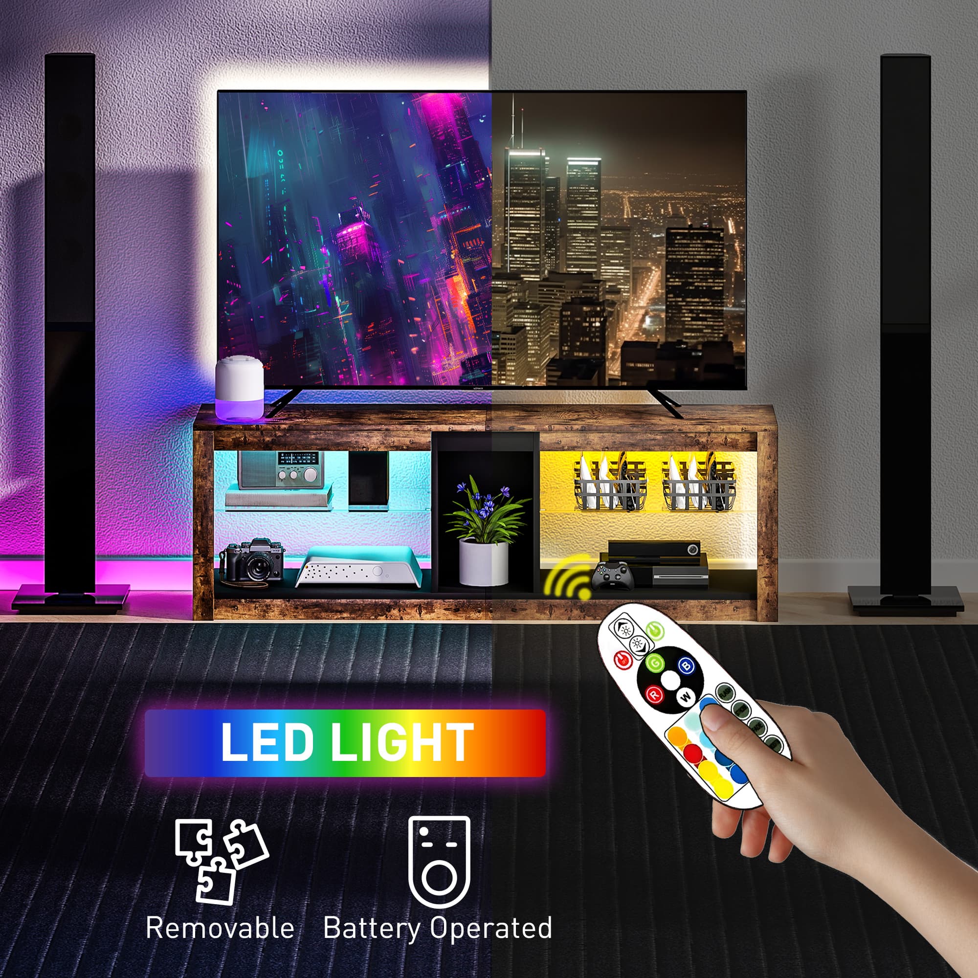 Rustic TV Cabinet with LED Lights and Open Shelving - image 5
