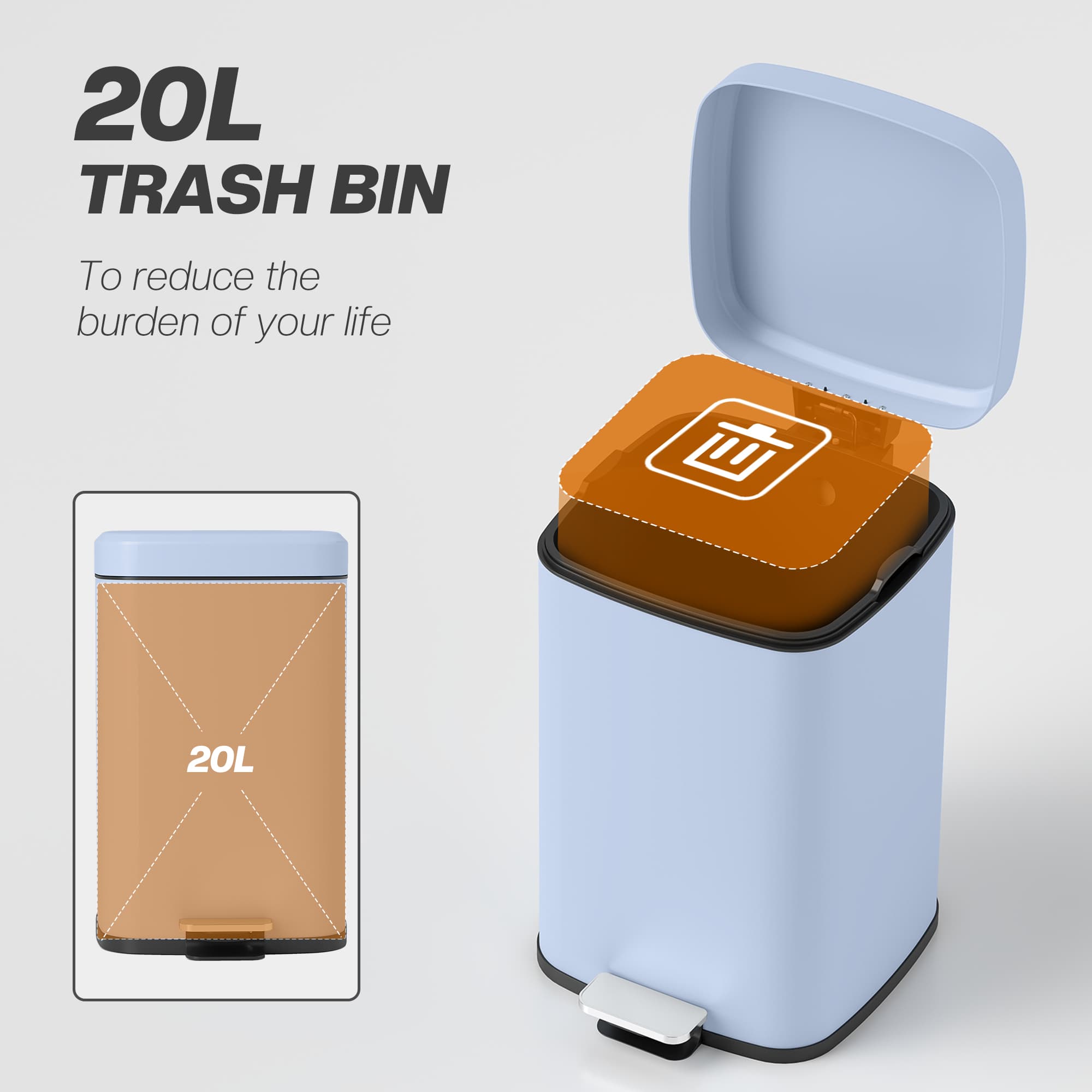 20L Metal Pedal Bin With Soft-Close Lid, Light Blue - image 4