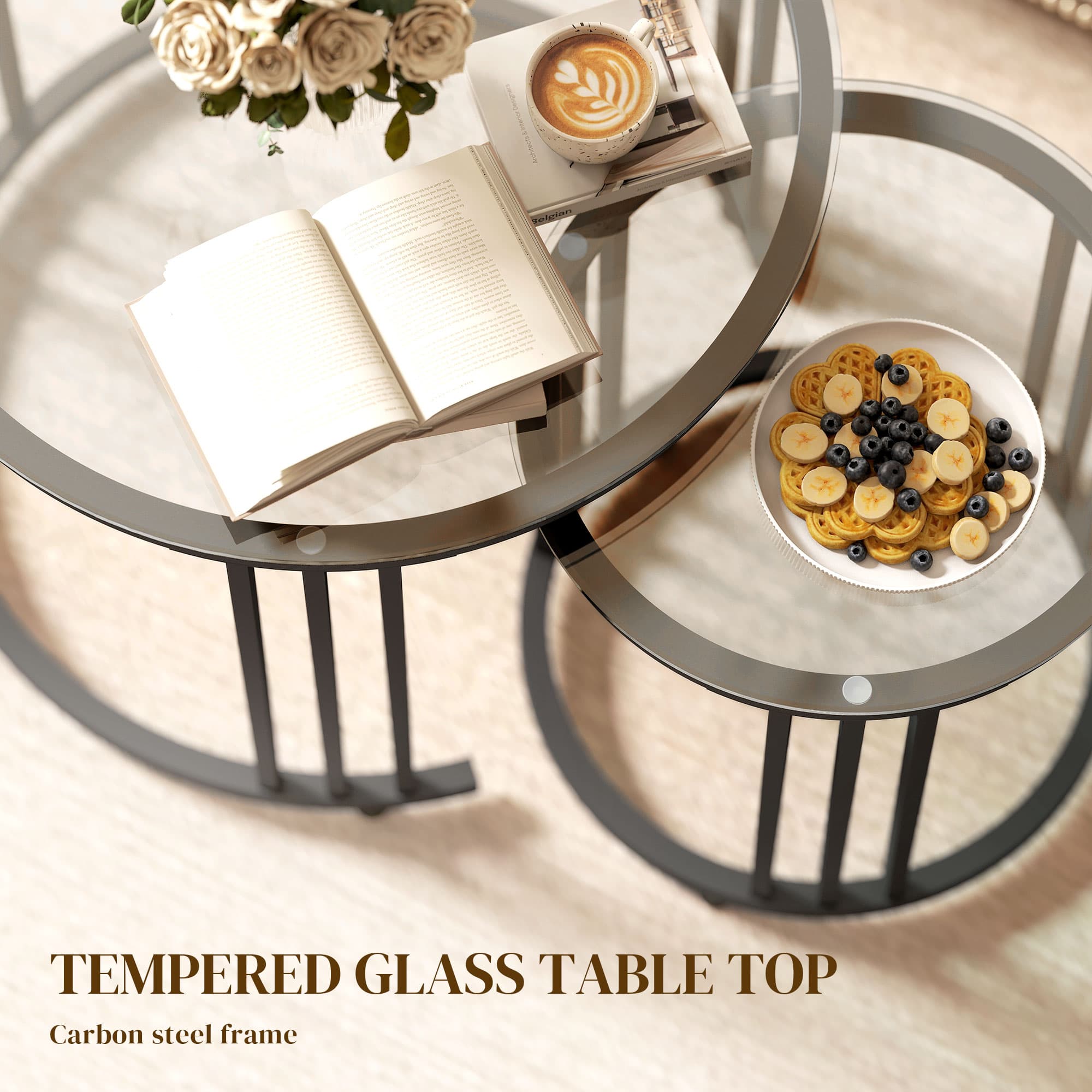 Round Nesting Coffee Tables Set of 2 — Clear Glass, Black Steel - image 1