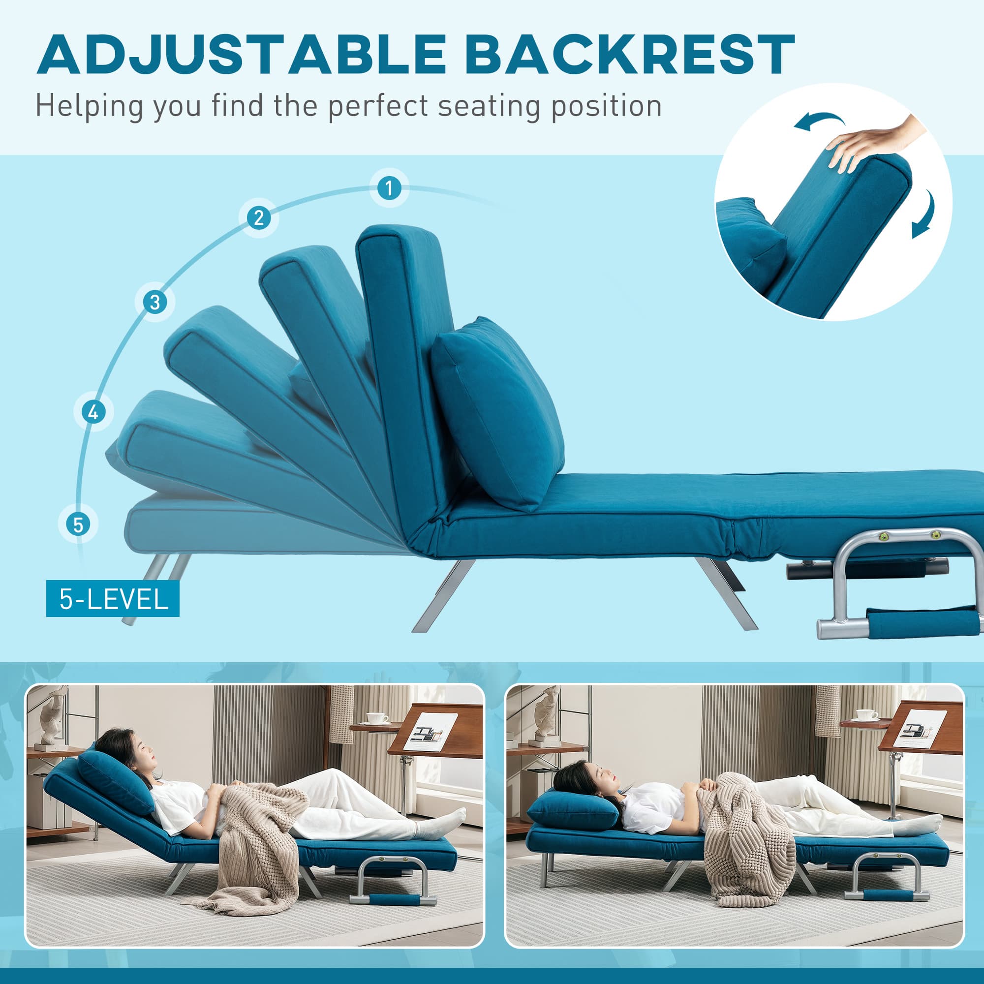 Teal Blue 4-in-1 Folding Chair Bed with Silver Frame - image 3