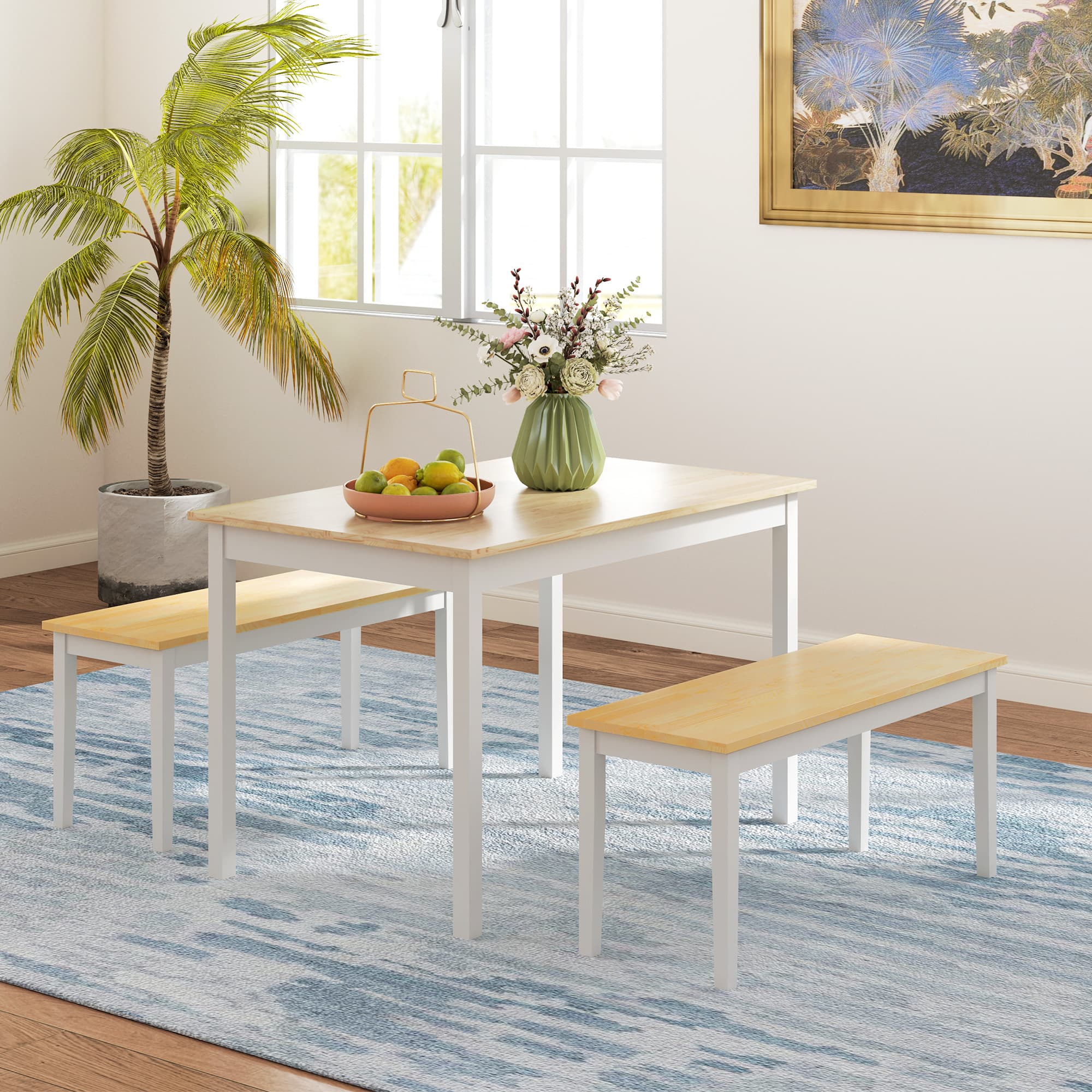 Pine Dining Table and Bench Set in Natural and White - image 3