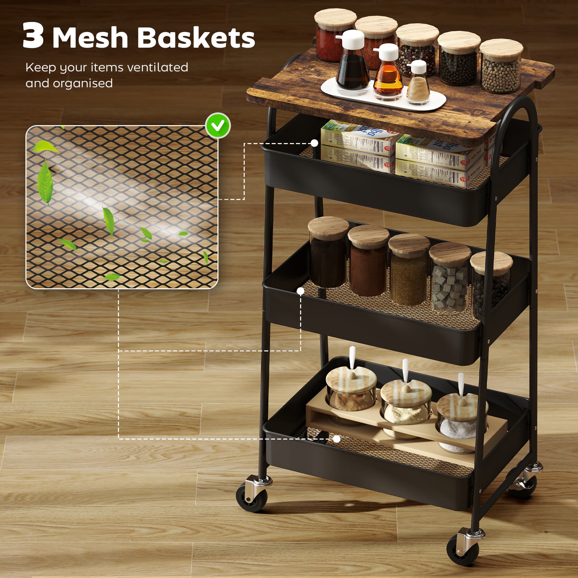 3-Tier Rustic Brown and Black Kitchen Storage Trolley - image 10