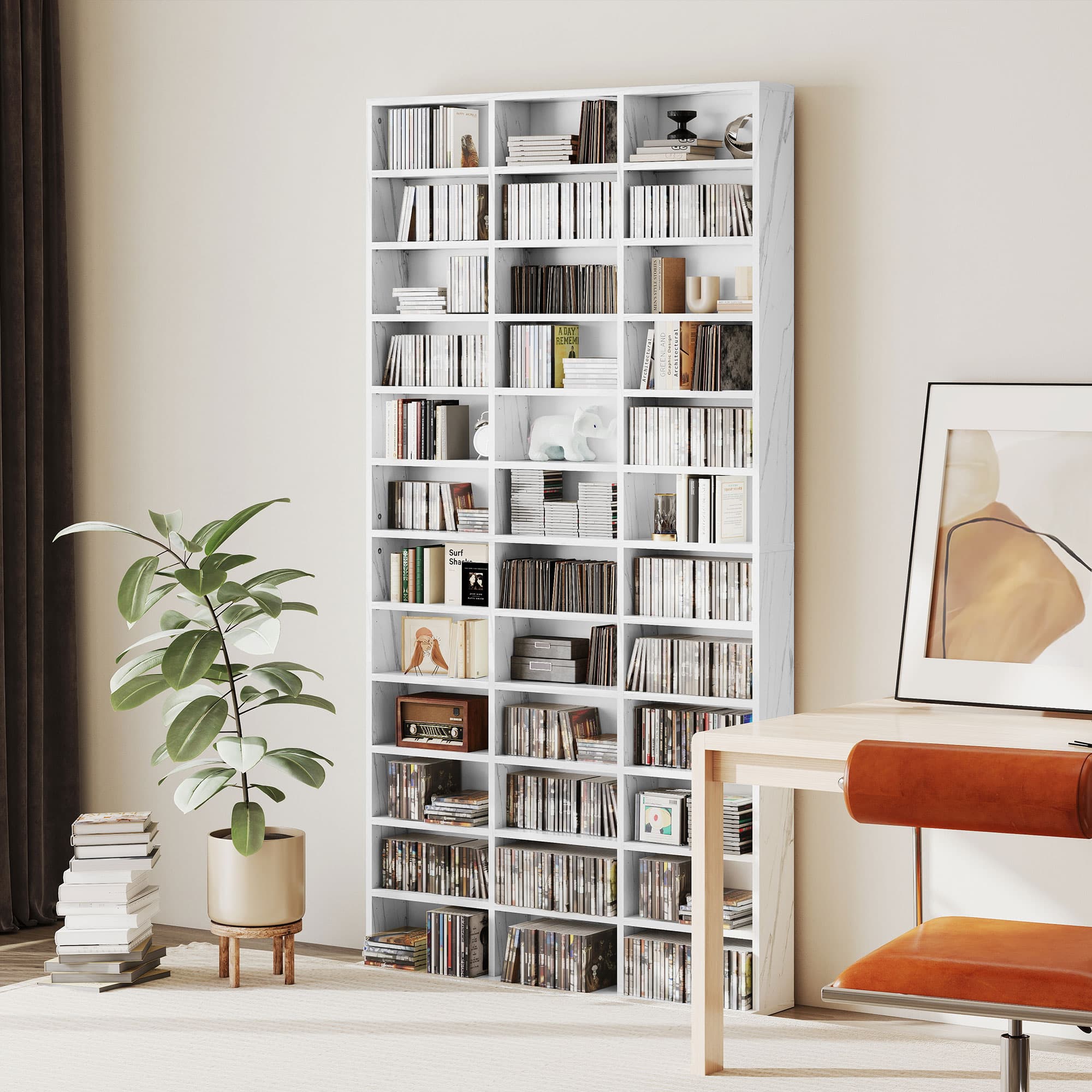 Three-Column Media Storage Unit in White Marble Effect - image 3