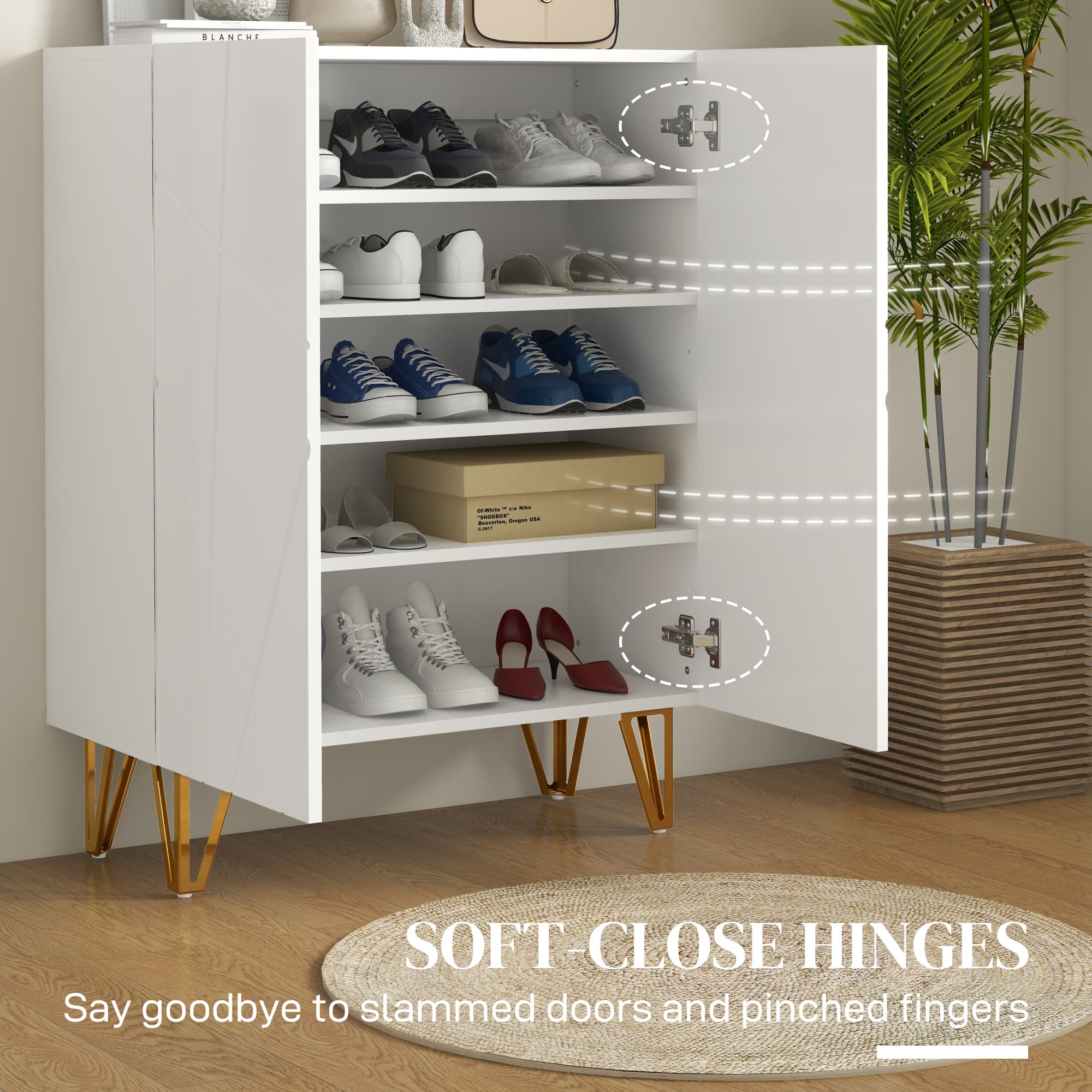 White Shoe Storage Cabinet with Geometric Doors and Gold Hairpin Legs - image 3