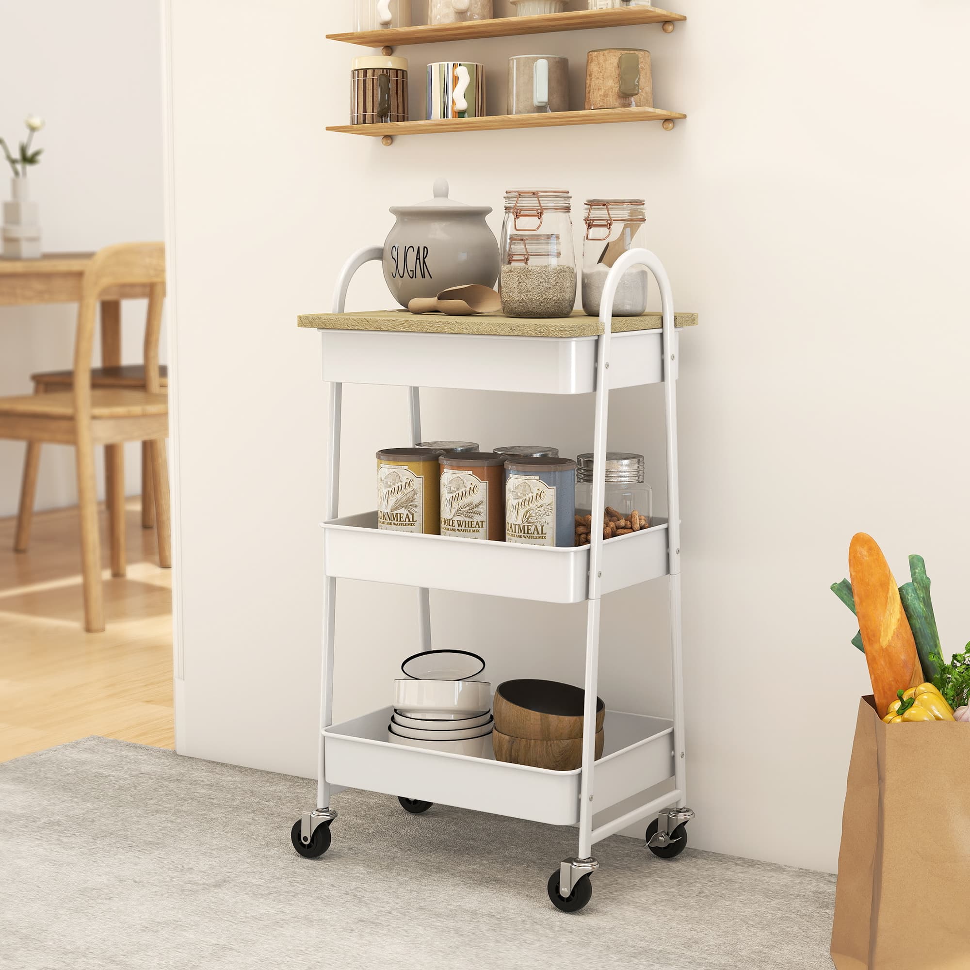 White Kitchen Trolley with Oak Top and Wire Mesh Baskets - image 2