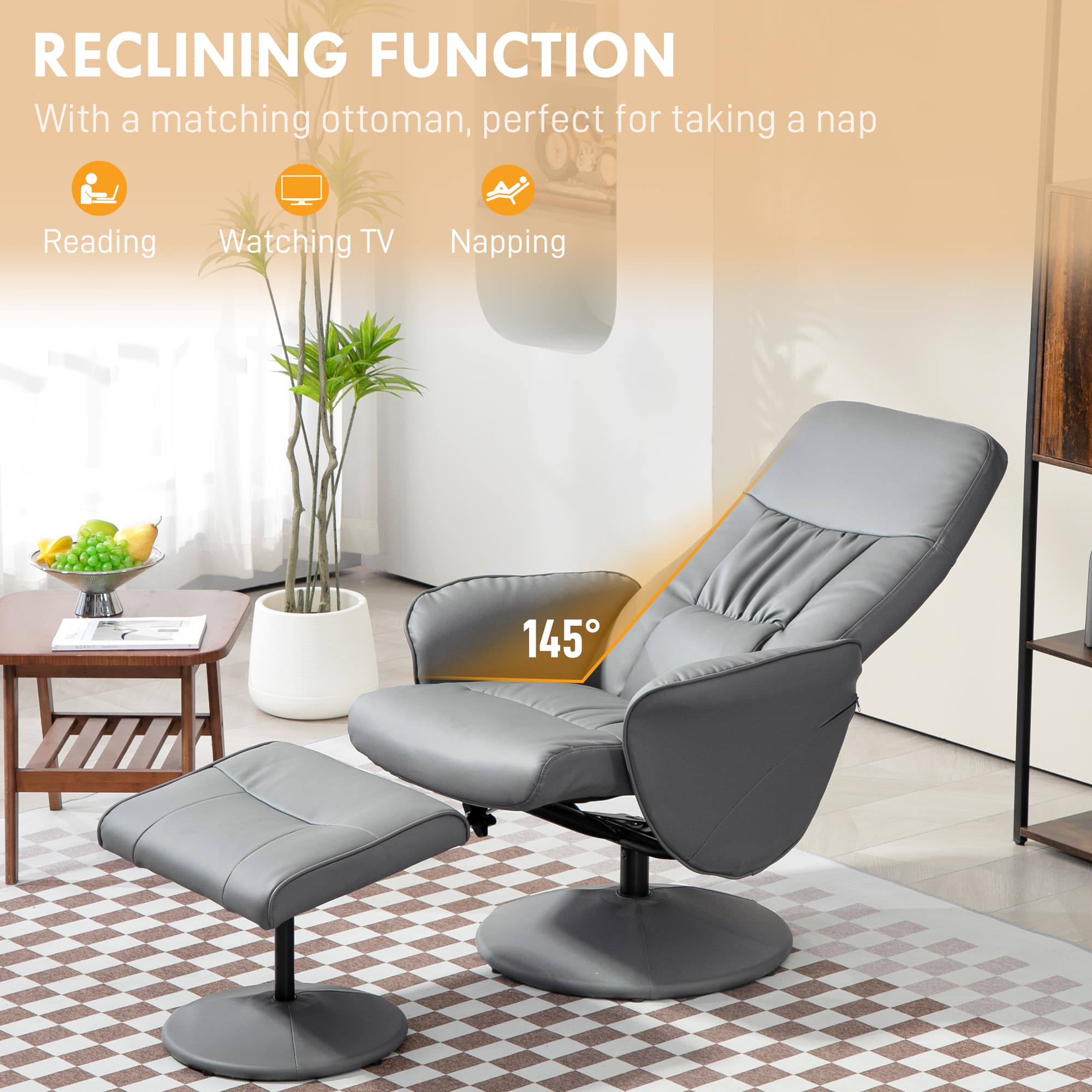 Swivel Recliner and Footstool in Light Grey Faux Leather - image 4