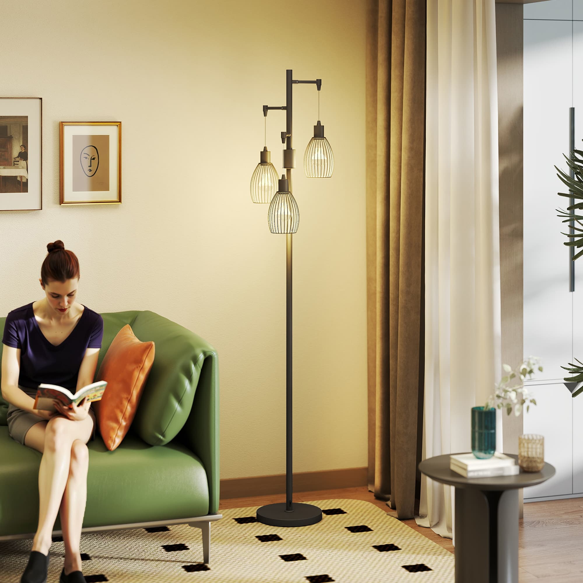 Black Industrial Floor Lamp With 3 Wire Cage Shades and Dimmer - image 4