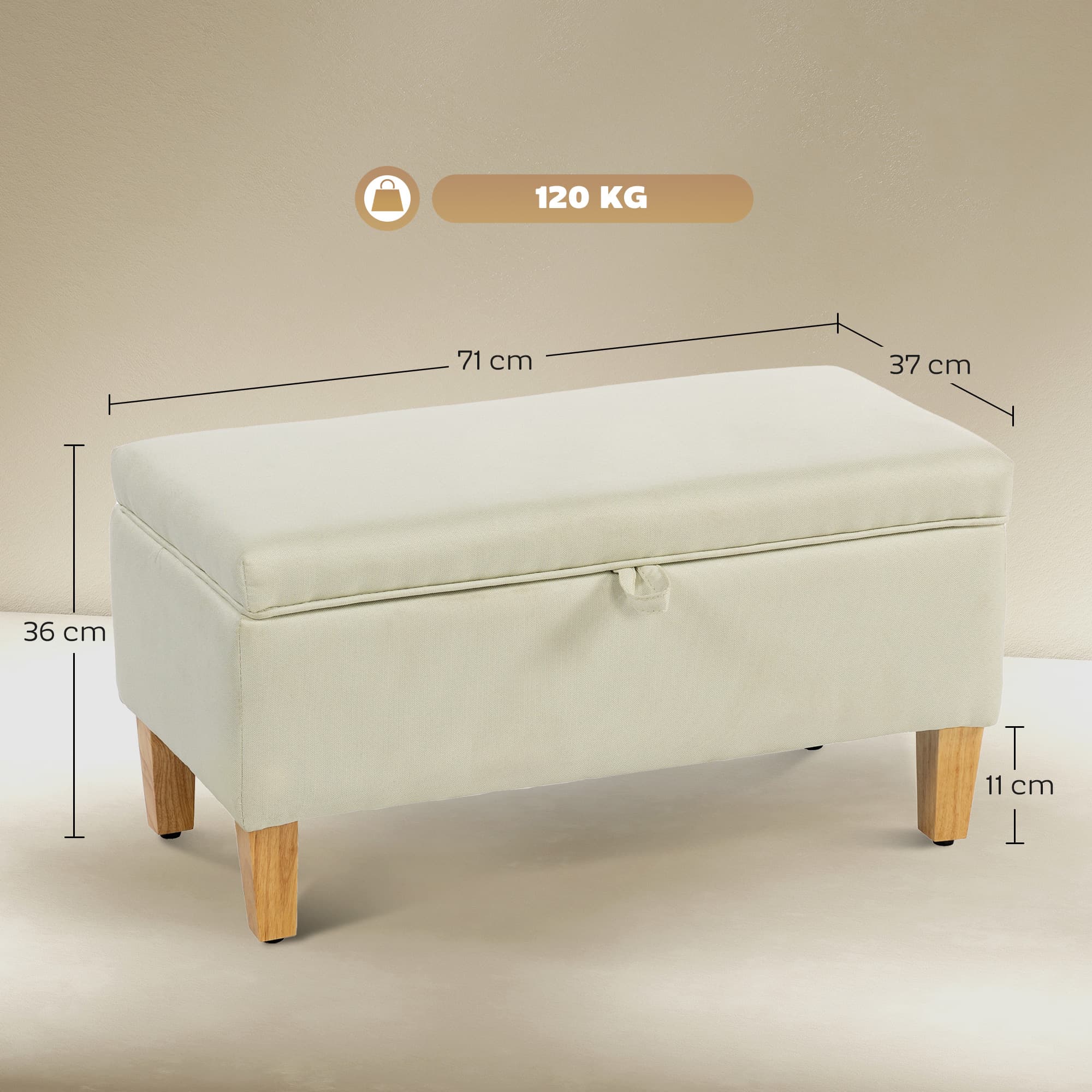 Padded Storage Ottoman Bench in Beige Linen with Wood Legs - image 1