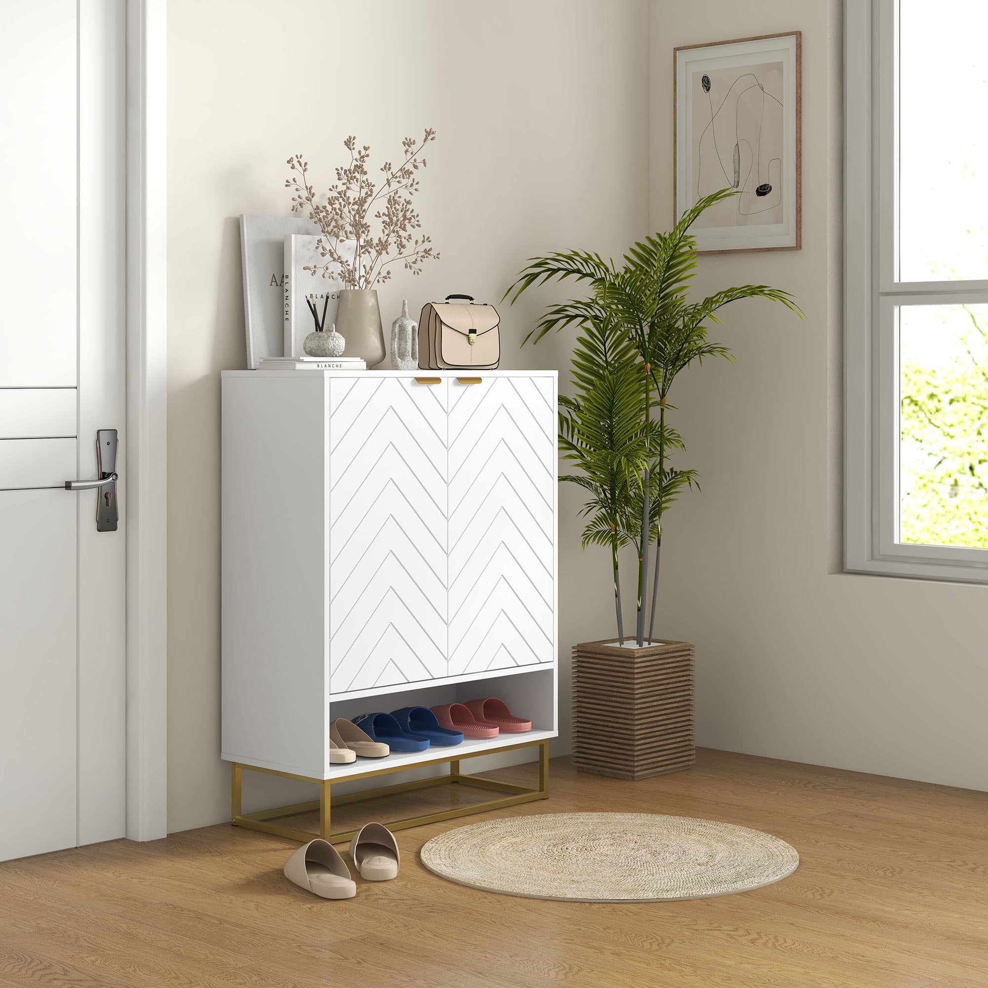 White Shoe Cabinet with Chevron Doors and Gold Base Frame - image 5