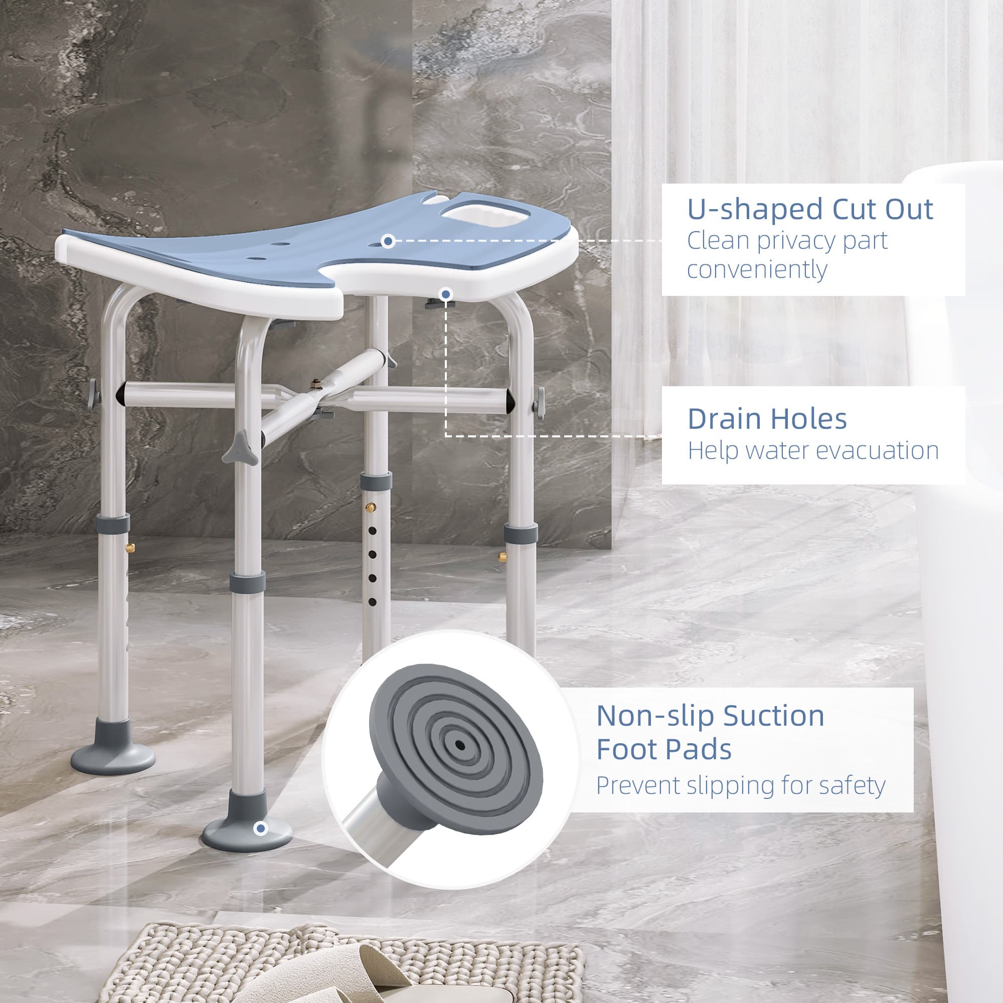 Height-Adjustable Shower Stool with Padded U-Seat - image 4