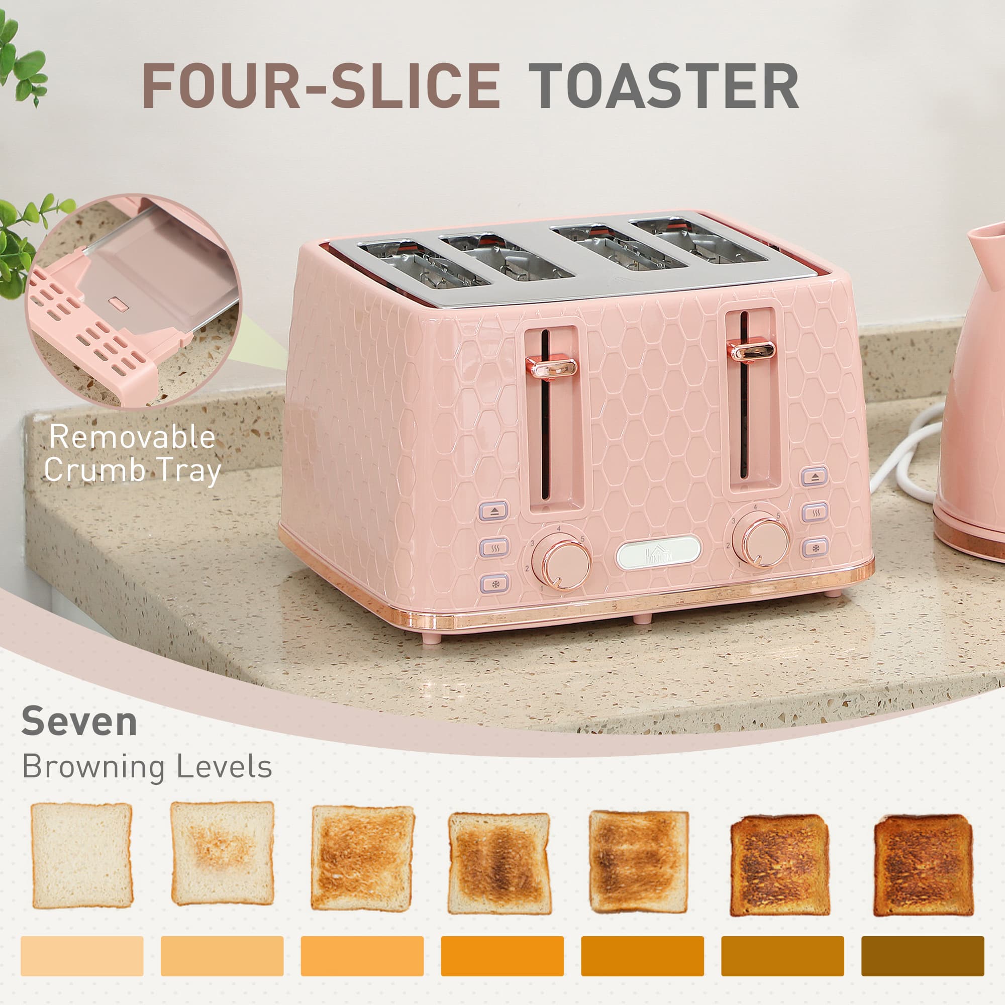Blush Pink Kettle and 4-Slice Toaster Set with Honeycomb Detail - image 1