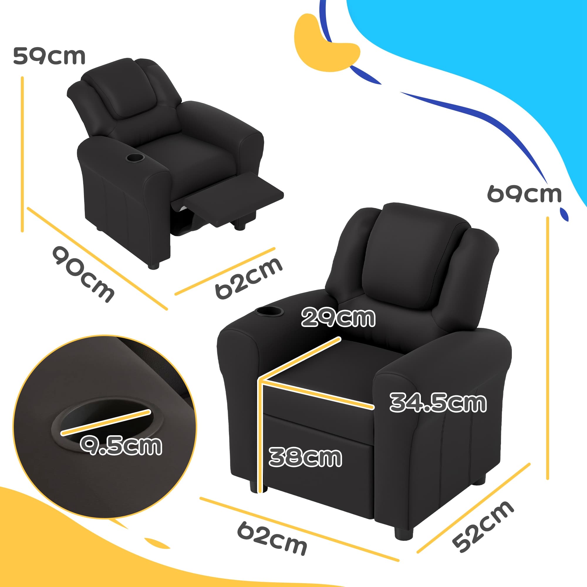 Children's Reclining Armchair in Black Faux Leather With Cup Holder - image 4